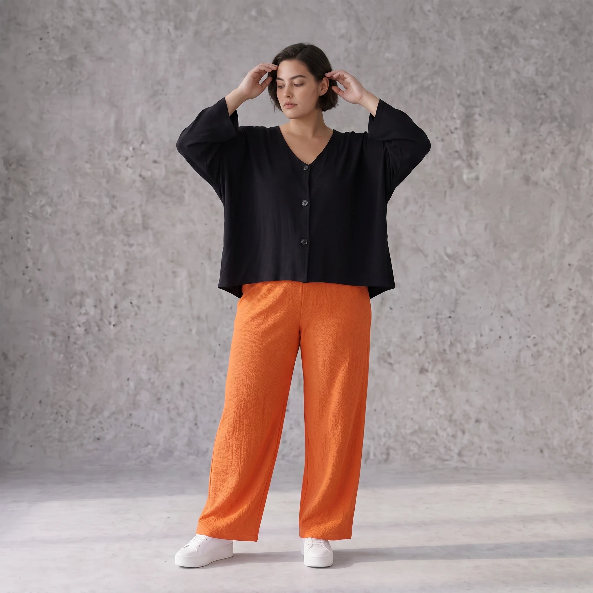 Damen Hose Avantgarde Viskose Orange, gerader Schnitt, Elastikbund, Oversize große Größen – AKH Fashion