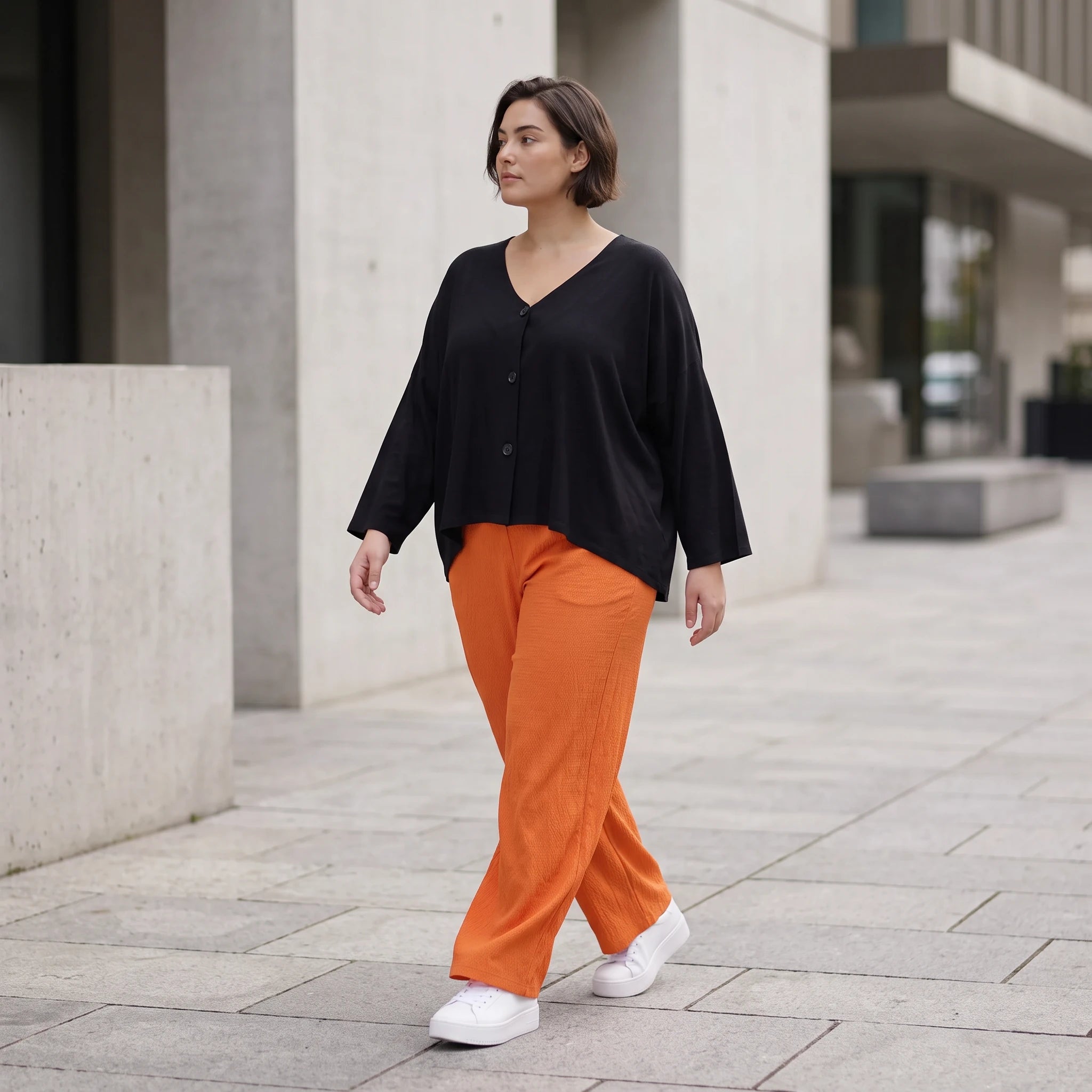 Damen Hose Avantgarde Viskose Orange, gerader Schnitt, Elastikbund, Oversize große Größen – AKH Fashion