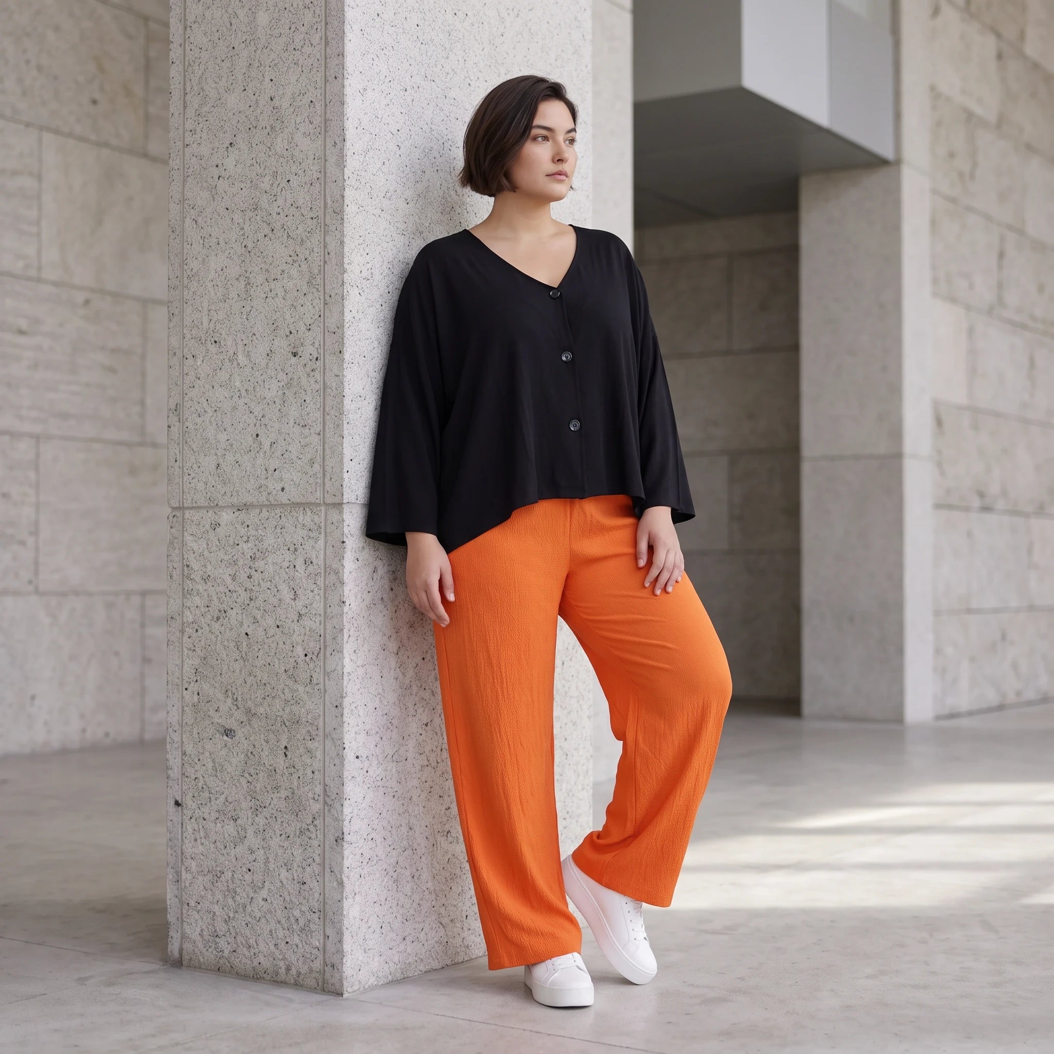 Damen Hose Avantgarde Viskose Orange, gerader Schnitt, Elastikbund, Oversize große Größen – AKH Fashion