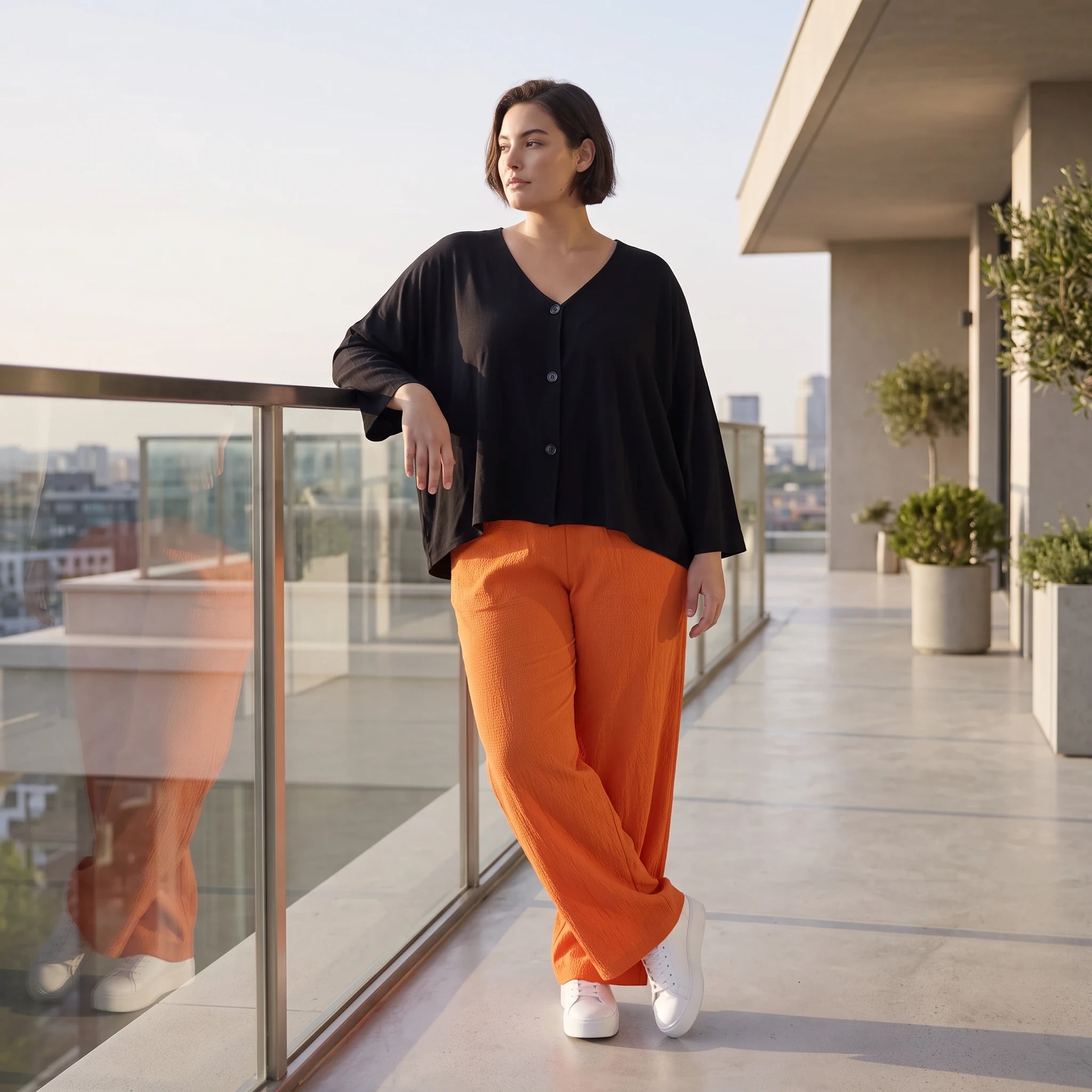 Damen Hose Avantgarde Viskose Orange, gerader Schnitt, Elastikbund, Oversize große Größen – AKH Fashion