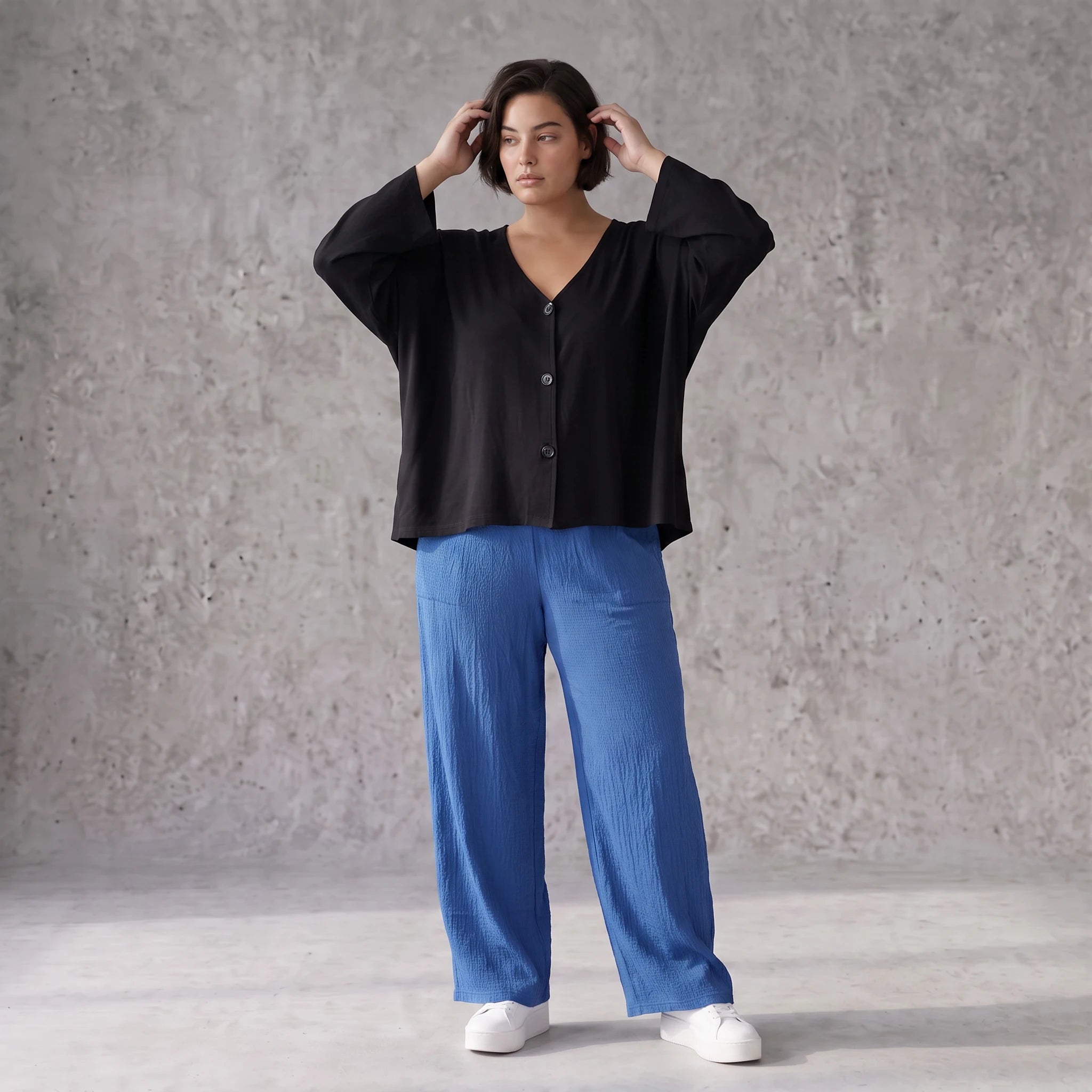 Damen Hose Avantgarde Viskose Royalblau, Elastikbund, Oversize große Größen – AKH Fashion