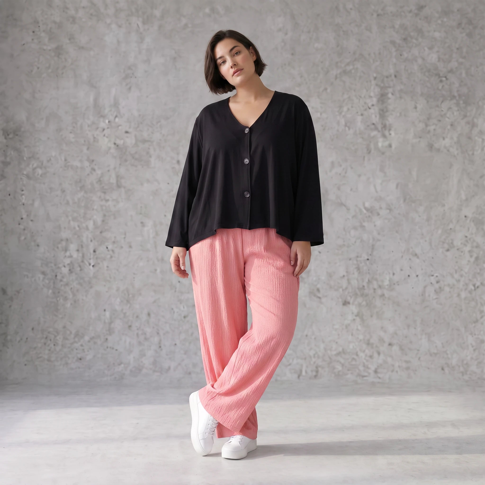 Damen Hose Avantgarde Viskose Rosa, gerader Schnitt, Elastikbund, Oversize große Größen – AKH Fashion