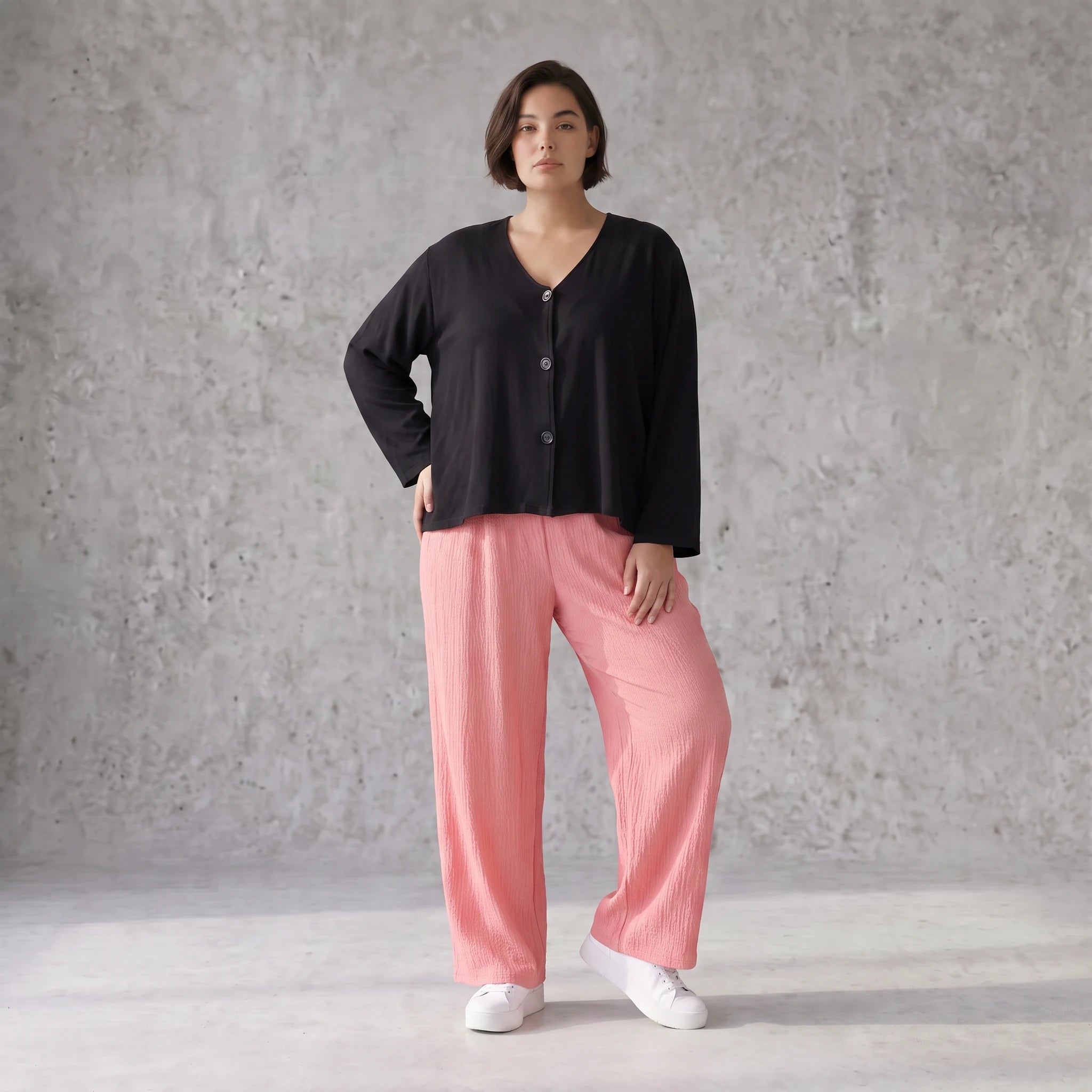 Damen Hose Avantgarde Viskose Rosa, gerader Schnitt, Elastikbund, Oversize große Größen – AKH Fashion