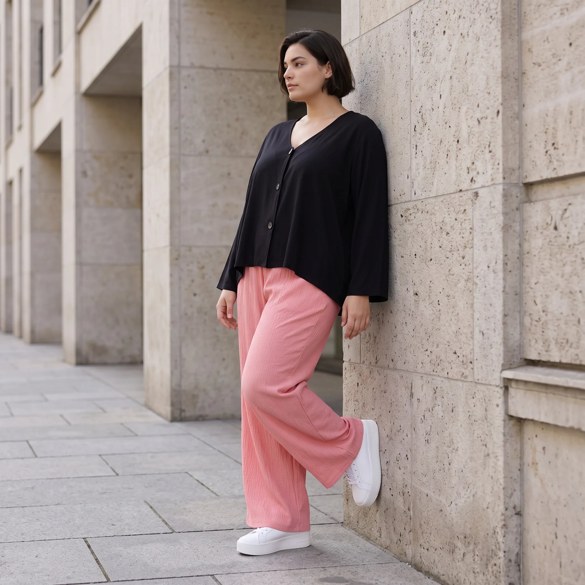 Damen Hose Avantgarde Viskose Rosa, gerader Schnitt, Elastikbund, Oversize große Größen – AKH Fashion