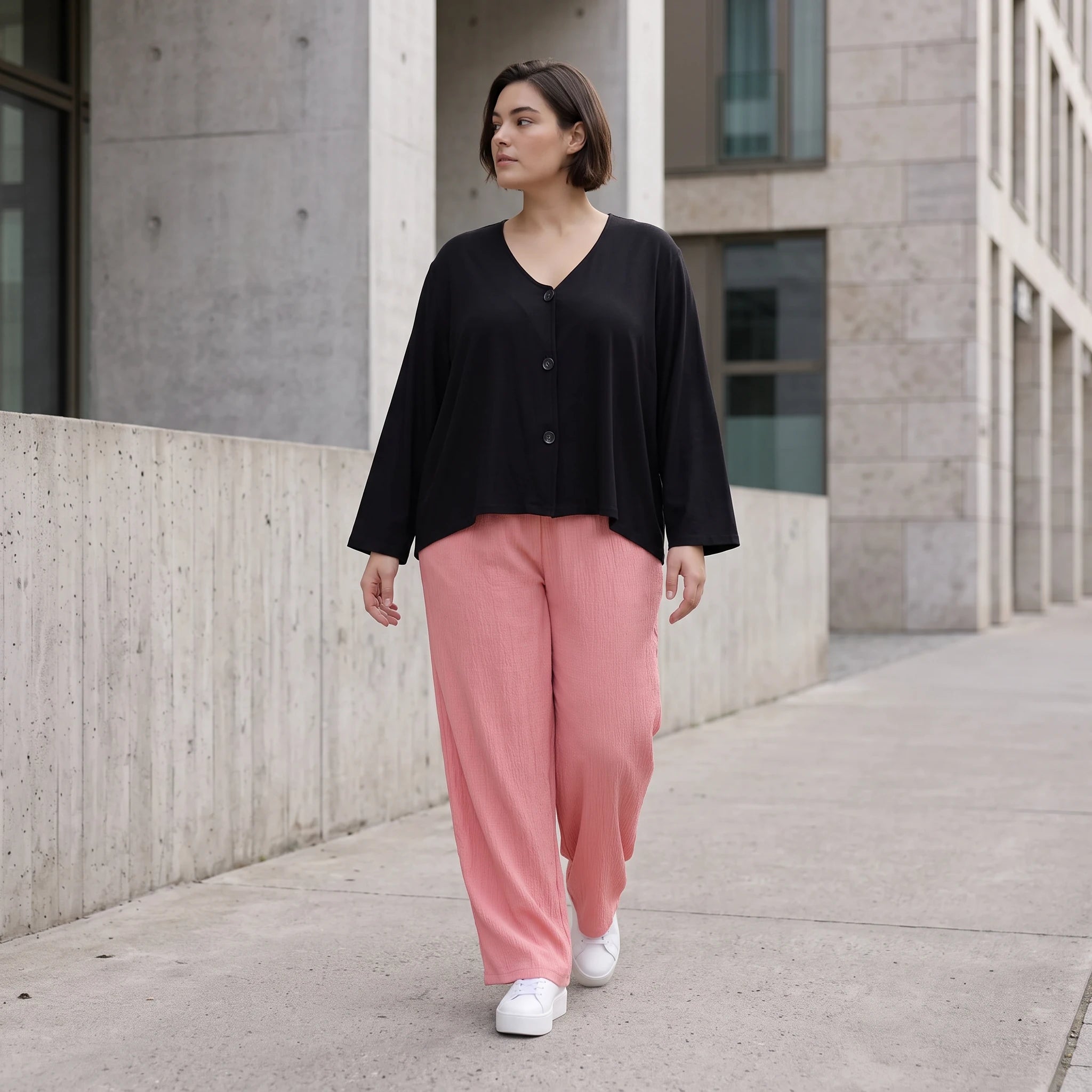 Damen Hose Avantgarde Viskose Rosa, gerader Schnitt, Elastikbund, Oversize große Größen – AKH Fashion