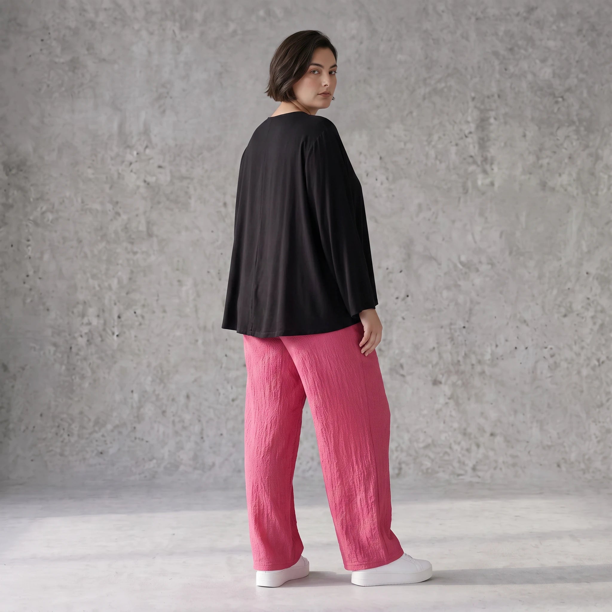 Damen Hose Avantgarde Viskose Fuchsia, Elastikbund, Oversize große Größen – AKH Fashion