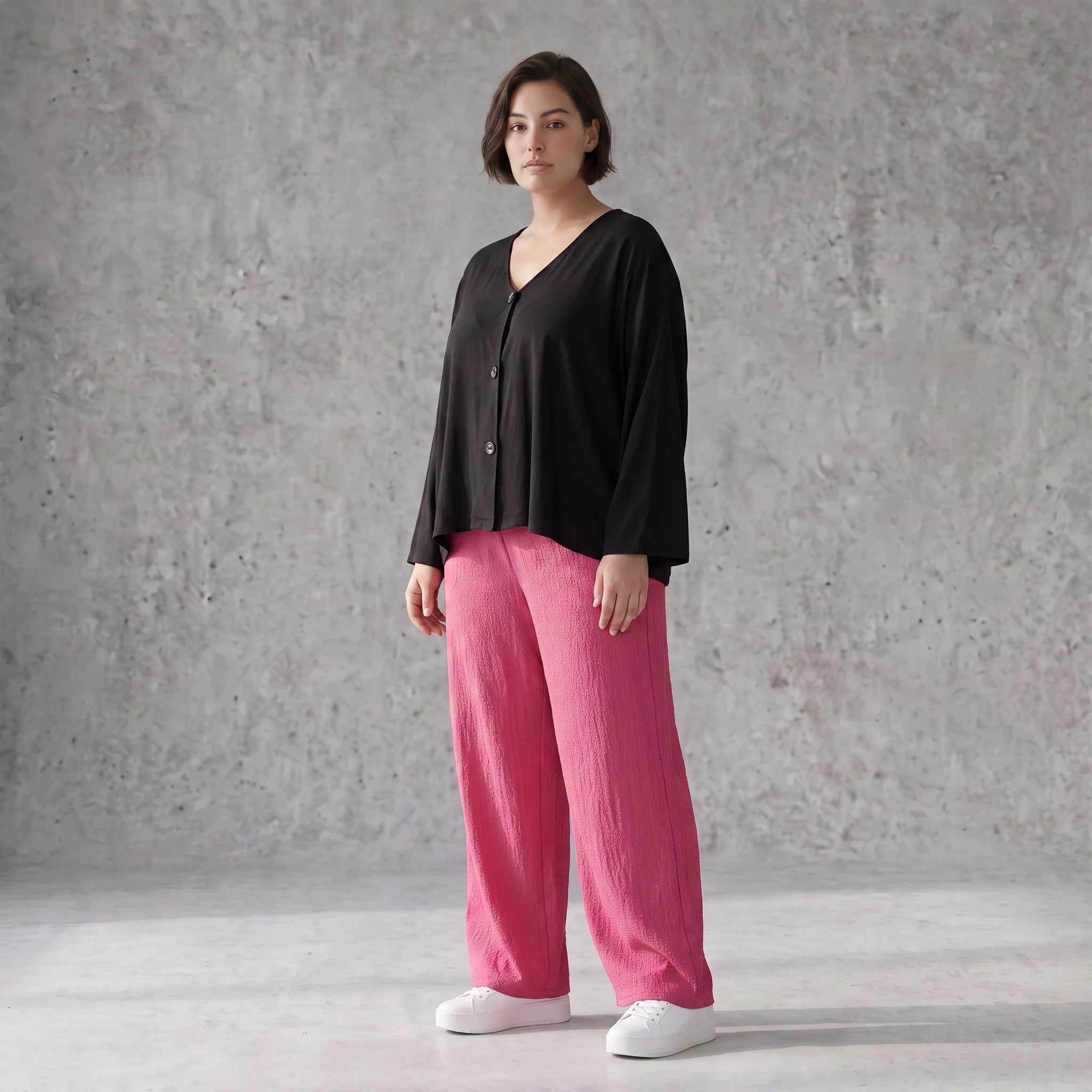 Damen Hose Avantgarde Viskose Fuchsia, Elastikbund, Oversize große Größen – AKH Fashion