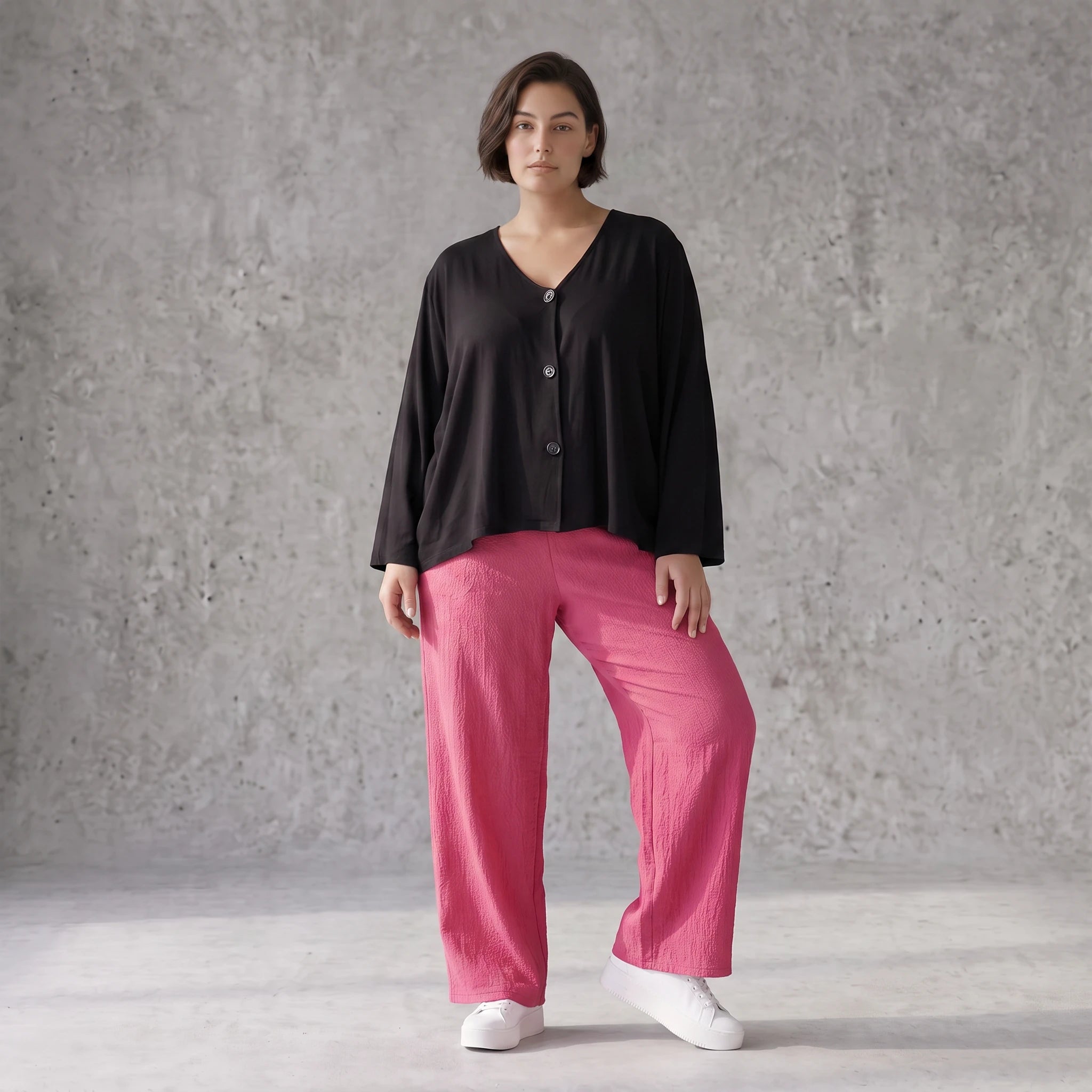 Damen Hose Avantgarde Viskose Fuchsia, Elastikbund, Oversize große Größen – AKH Fashion