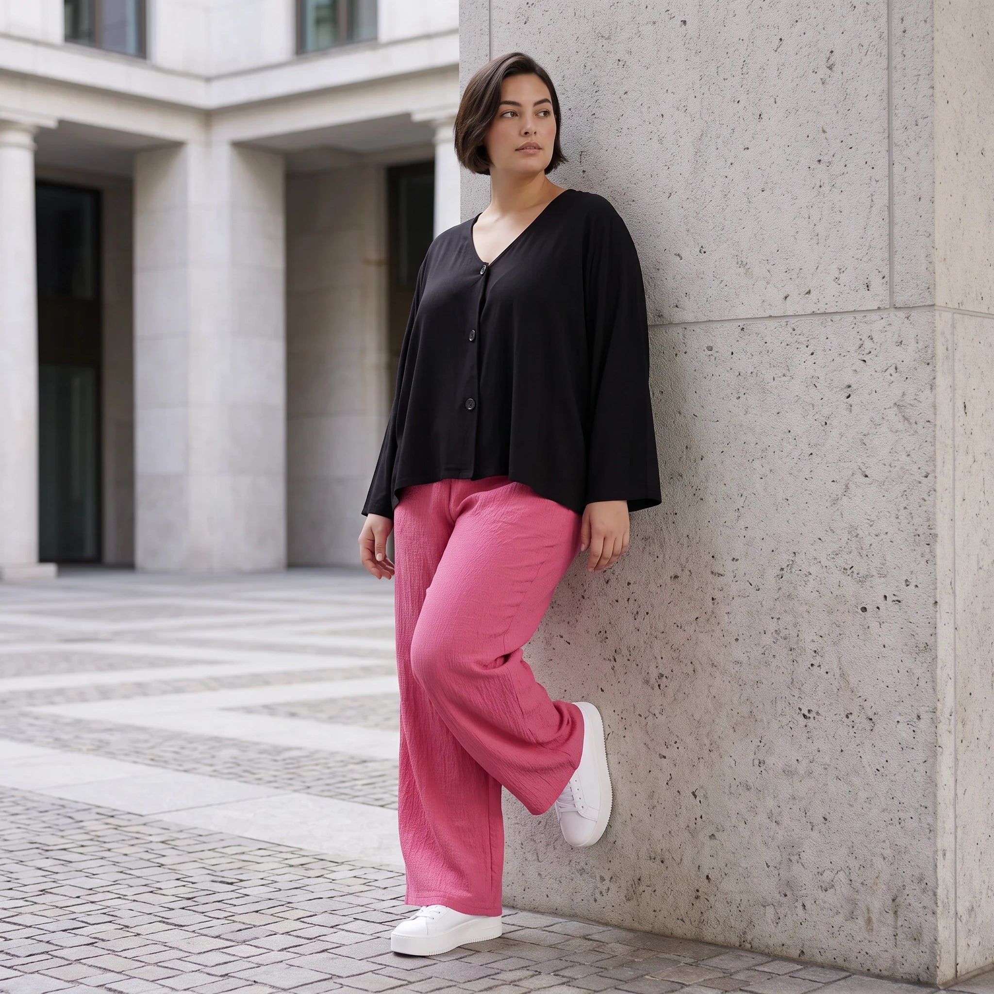 Damen Hose Avantgarde Viskose Fuchsia, Elastikbund, Oversize große Größen – AKH Fashion