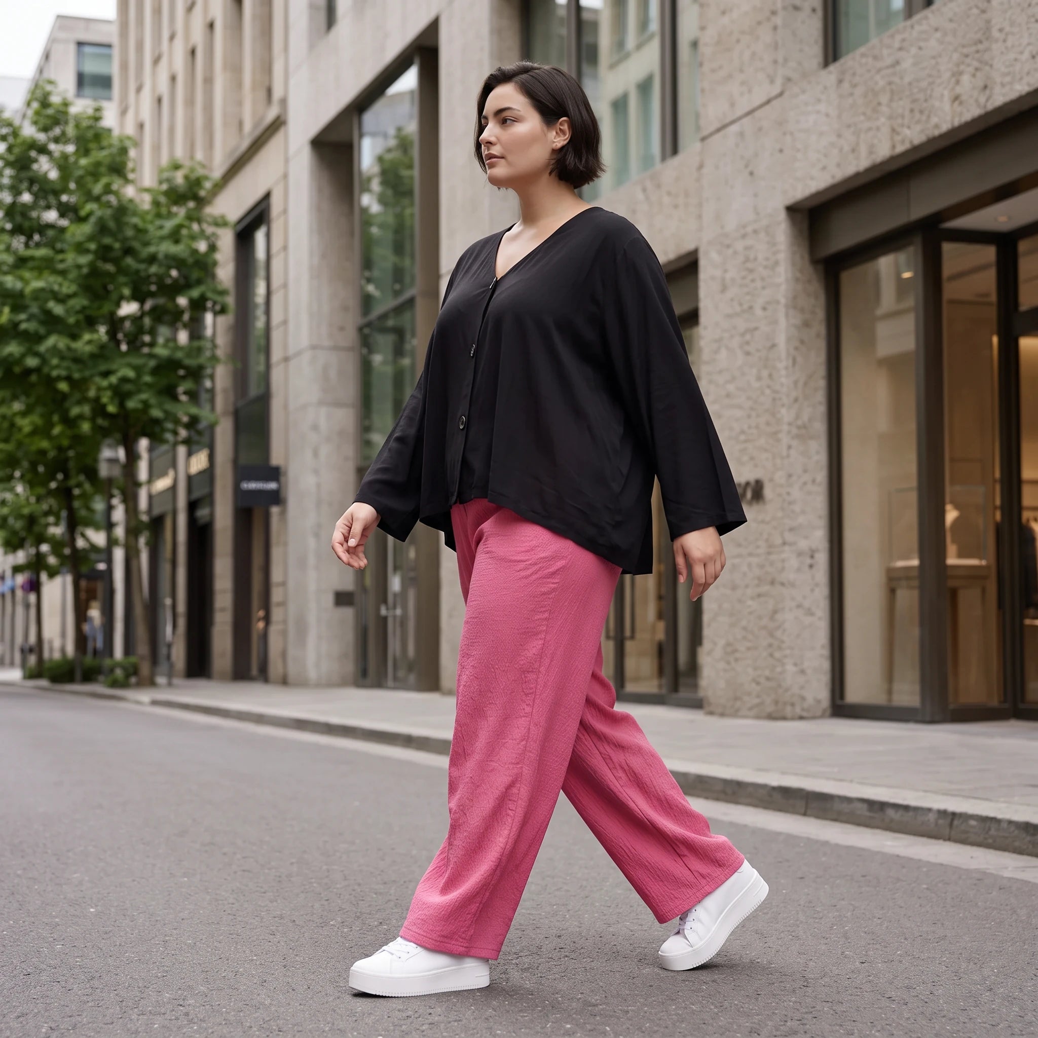 Damen Hose Avantgarde Viskose Fuchsia, Elastikbund, Oversize große Größen – AKH Fashion