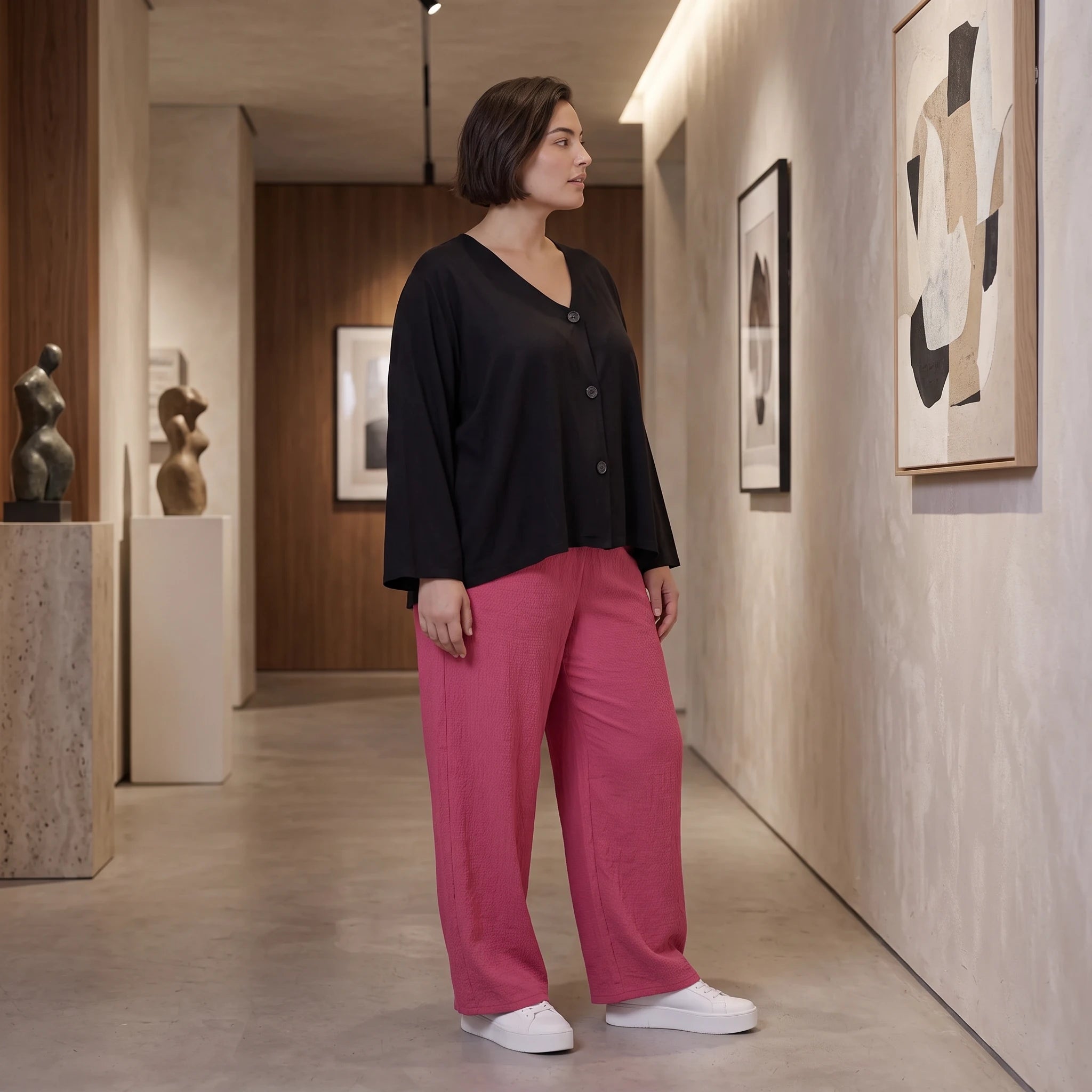 Damen Hose Avantgarde Viskose Fuchsia, Elastikbund, Oversize große Größen – AKH Fashion