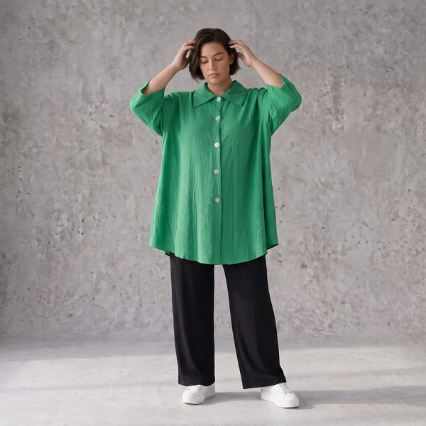 Damen Bluse Avantgarde Viskose Grün, 3/4-Arm, Knopfleiste, Oversize große Größen – AKH Fashion