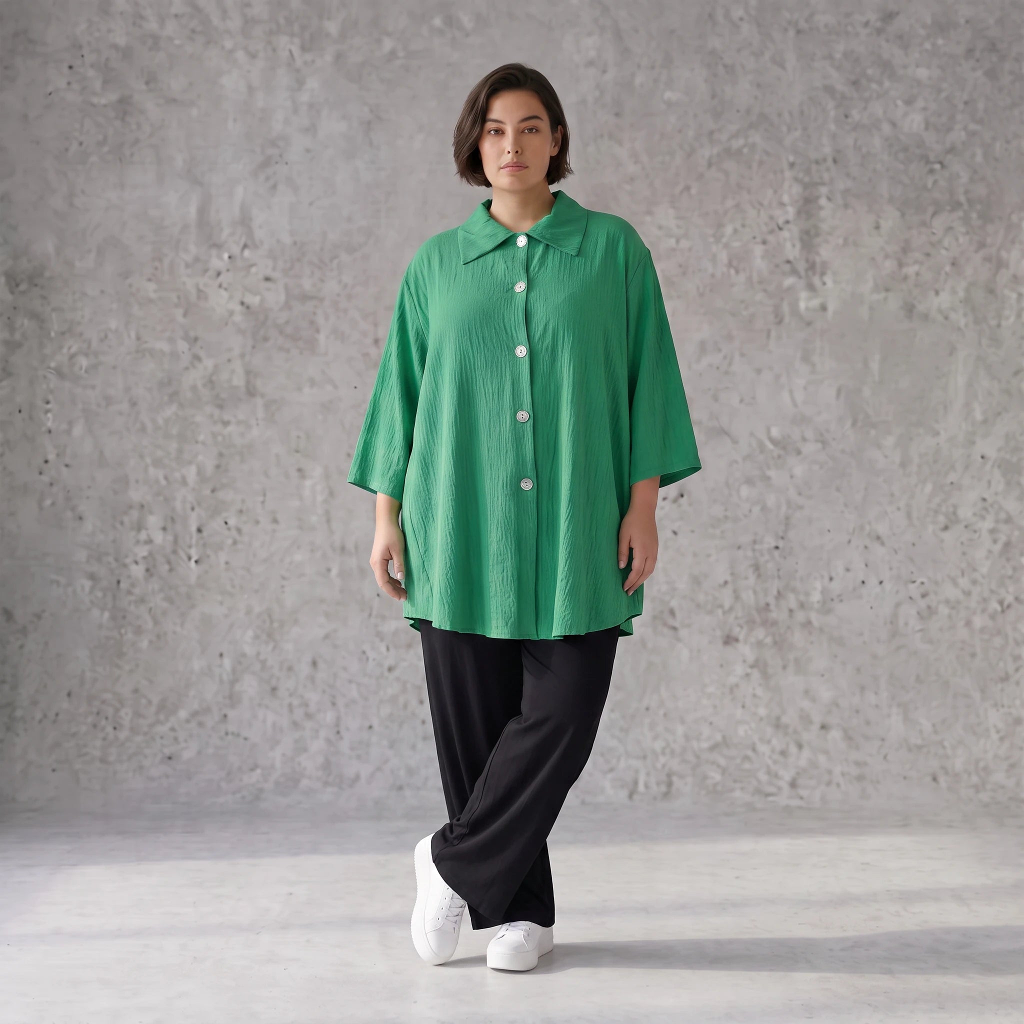 Damen Bluse Avantgarde Viskose Grün, 3/4-Arm, Knopfleiste, Oversize große Größen – AKH Fashion