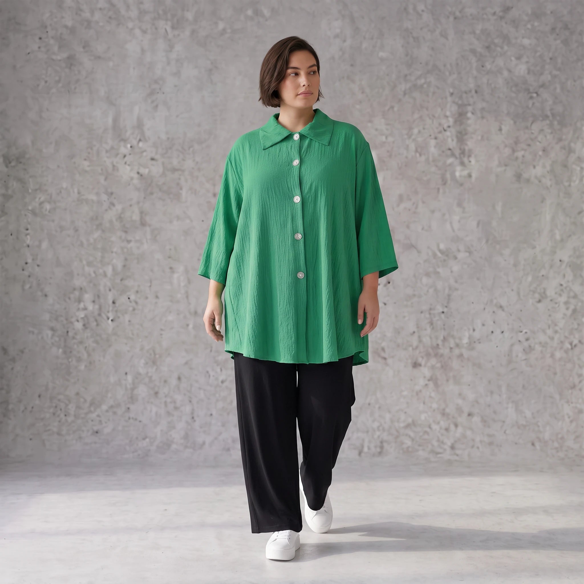 Damen Bluse Avantgarde Viskose Grün, 3/4-Arm, Knopfleiste, Oversize große Größen – AKH Fashion
