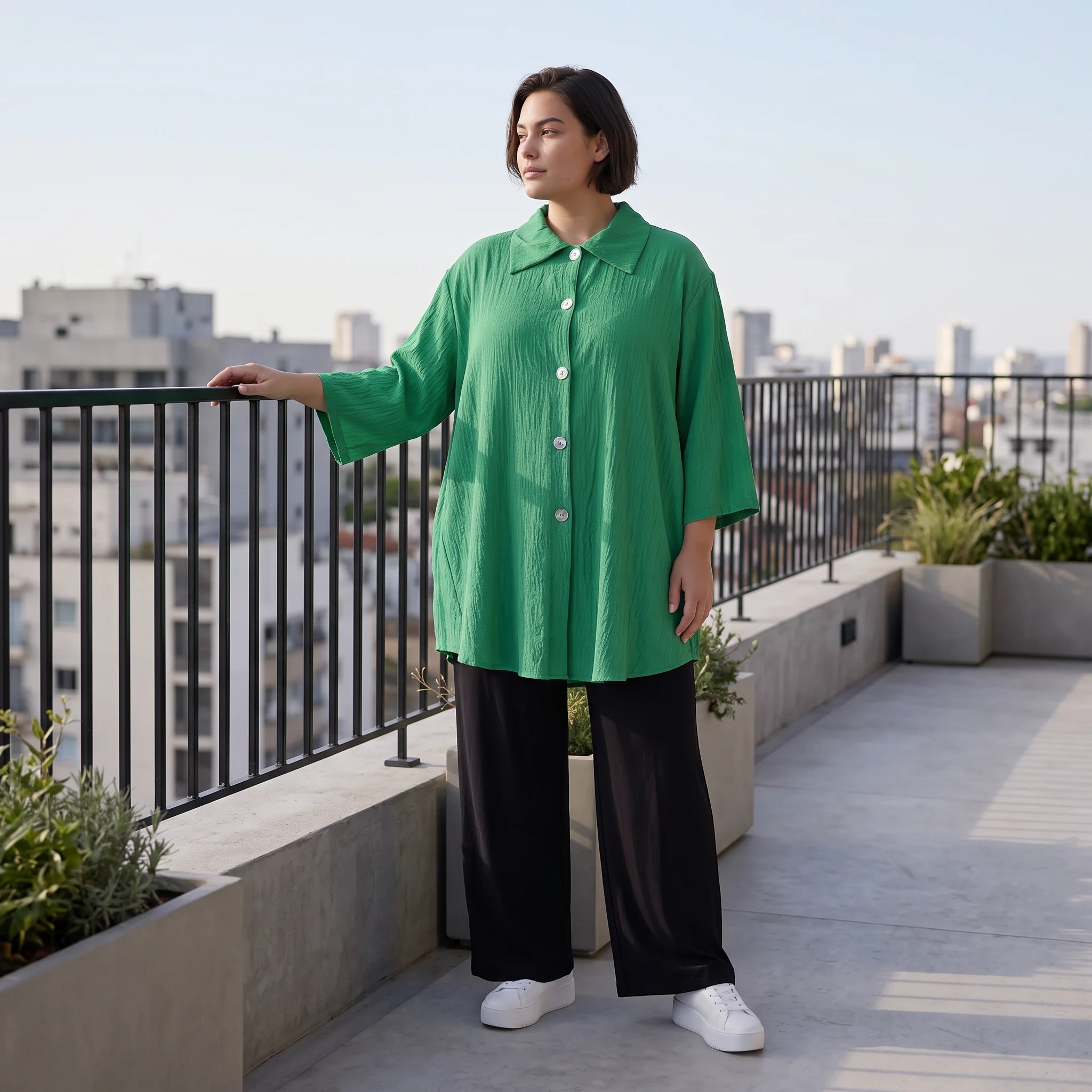 Damen Bluse Avantgarde Viskose Grün, 3/4-Arm, Knopfleiste, Oversize große Größen – AKH Fashion
