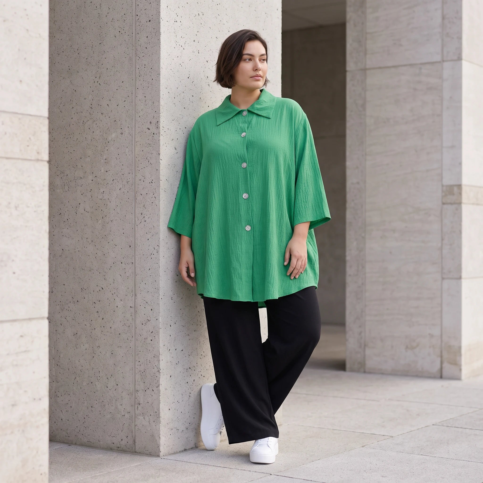Damen Bluse Avantgarde Viskose Grün, 3/4-Arm, Knopfleiste, Oversize große Größen – AKH Fashion