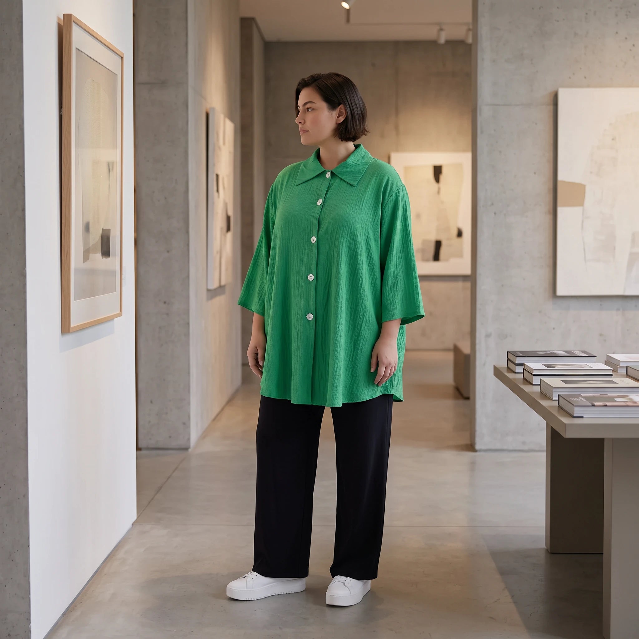 Damen Bluse Avantgarde Viskose Grün, 3/4-Arm, Knopfleiste, Oversize große Größen – AKH Fashion