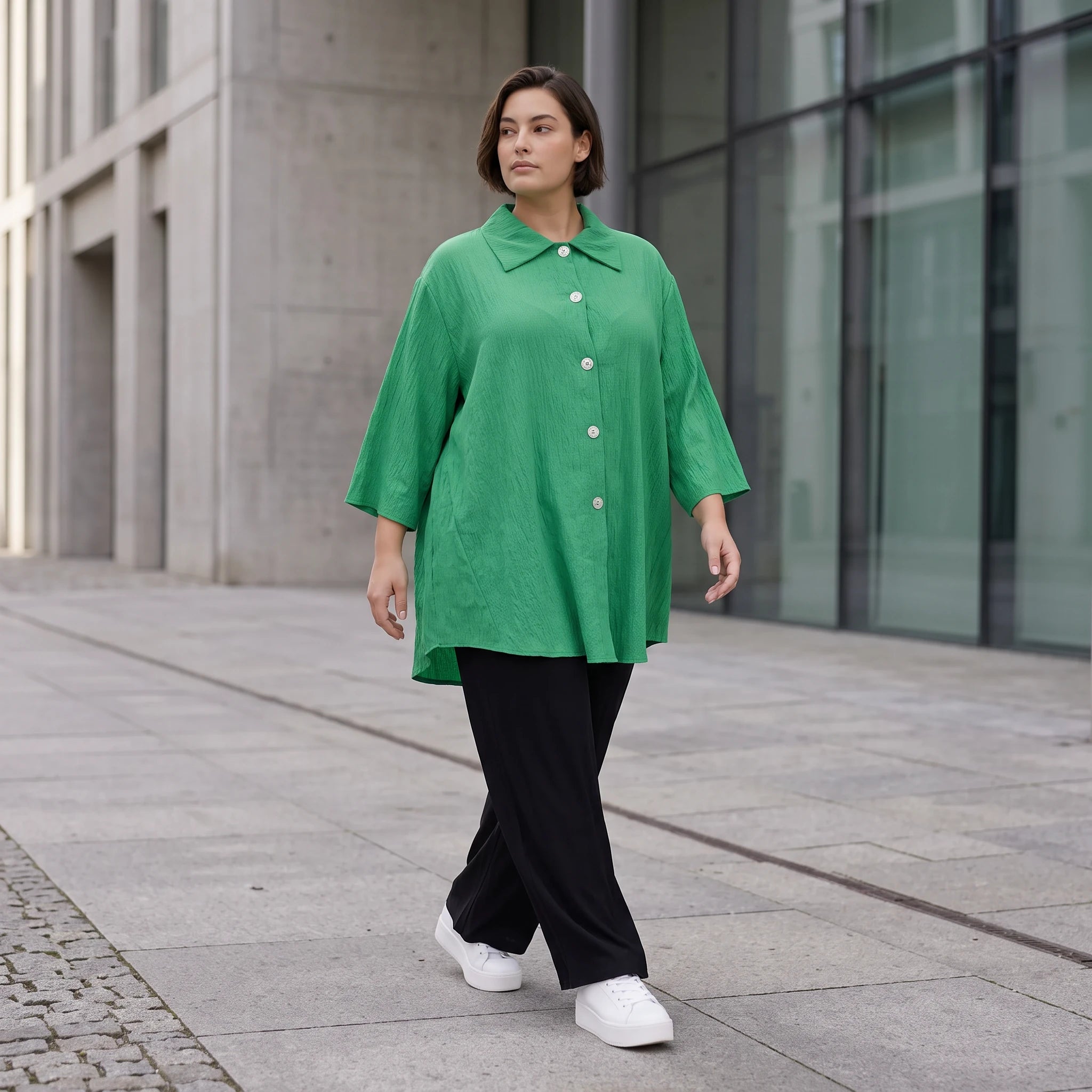 Damen Bluse Avantgarde Viskose Grün, 3/4-Arm, Knopfleiste, Oversize große Größen – AKH Fashion