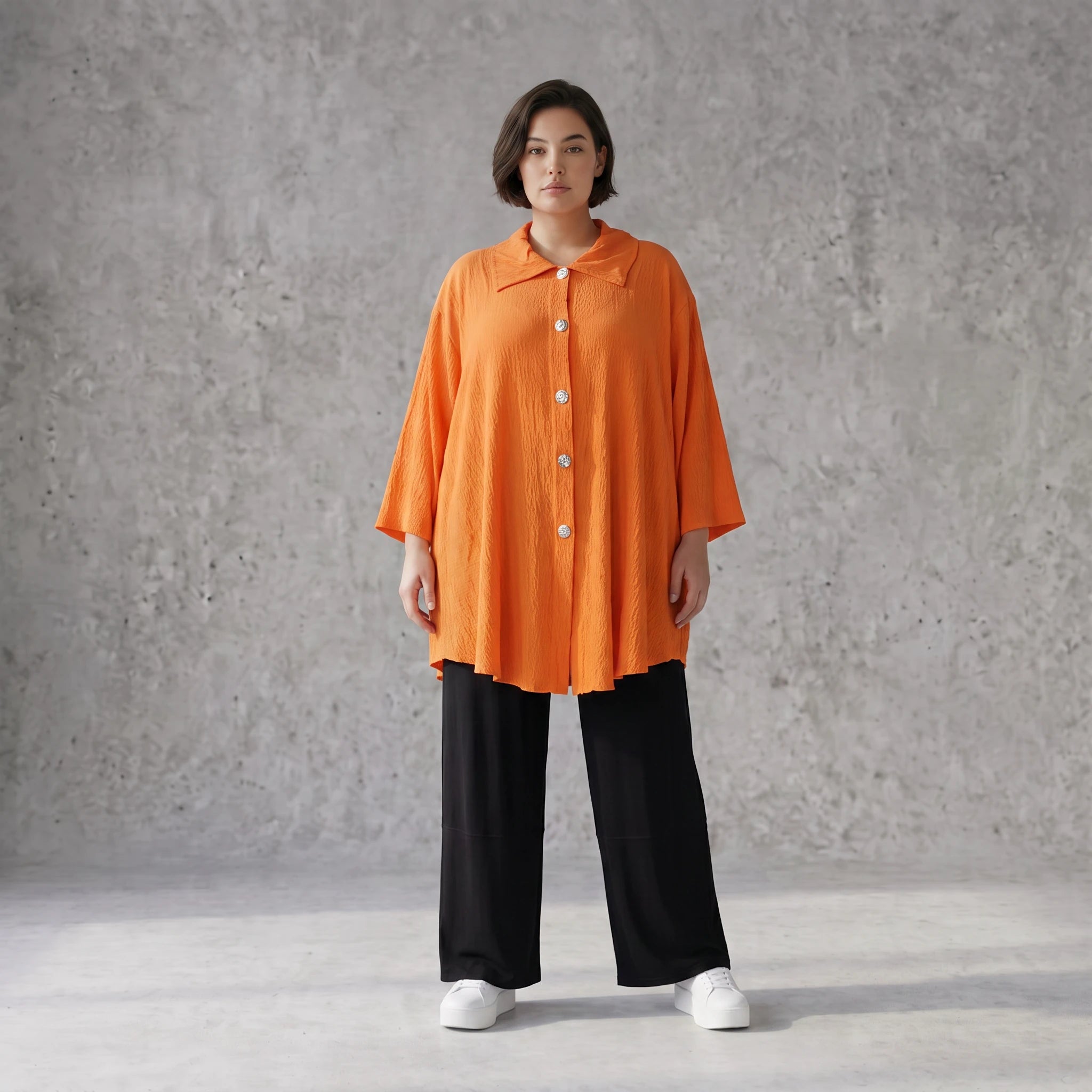 Damen Bluse Avantgarde Viskose Orange, geschwungen, 3/4-Arm, Knopfleiste, Oversize große Größen – AKH Fashion