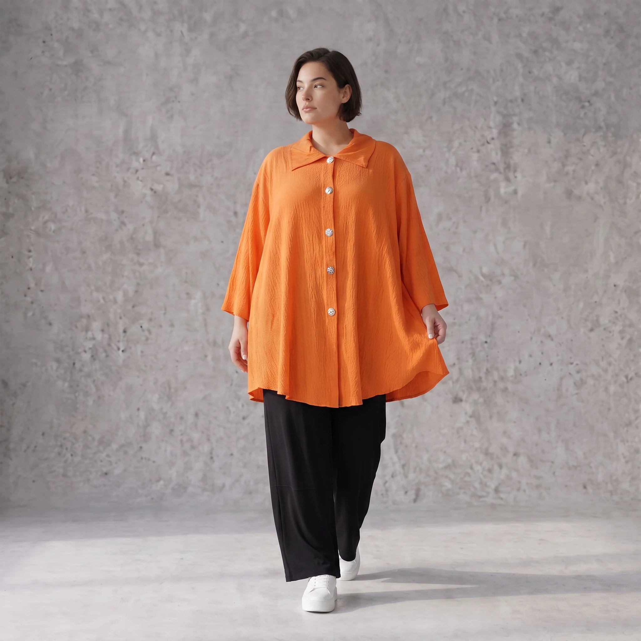 Damen Bluse Avantgarde Viskose Orange, geschwungen, 3/4-Arm, Knopfleiste, Oversize große Größen – AKH Fashion