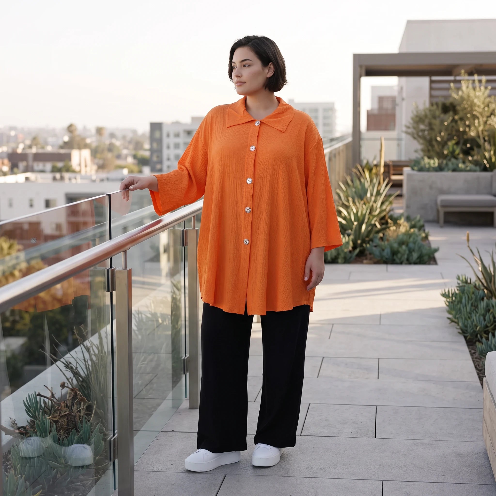 Damen Bluse Avantgarde Viskose Orange, geschwungen, 3/4-Arm, Knopfleiste, Oversize große Größen – AKH Fashion