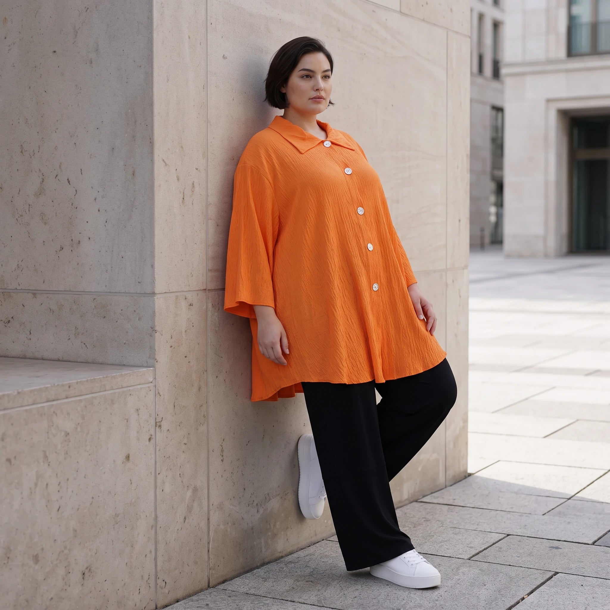 Damen Bluse Avantgarde Viskose Orange, geschwungen, 3/4-Arm, Knopfleiste, Oversize große Größen – AKH Fashion