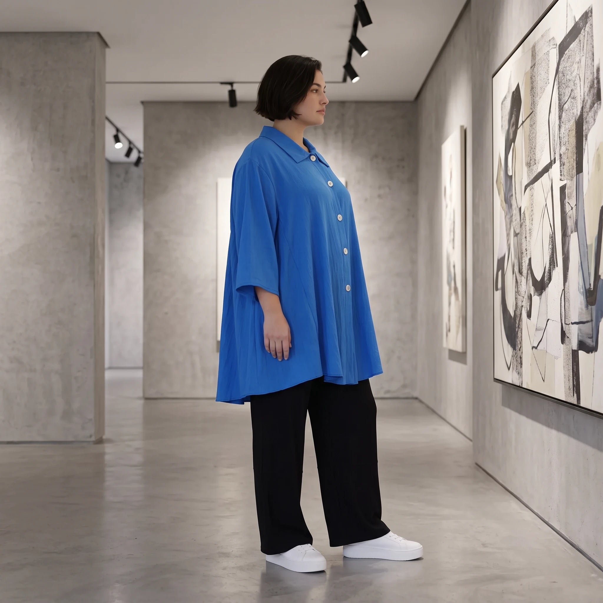 Damen Bluse Avantgarde Viskose Royalblau, 3/4-Arm, Knopfleiste, Oversize große Größen – AKH Fashion