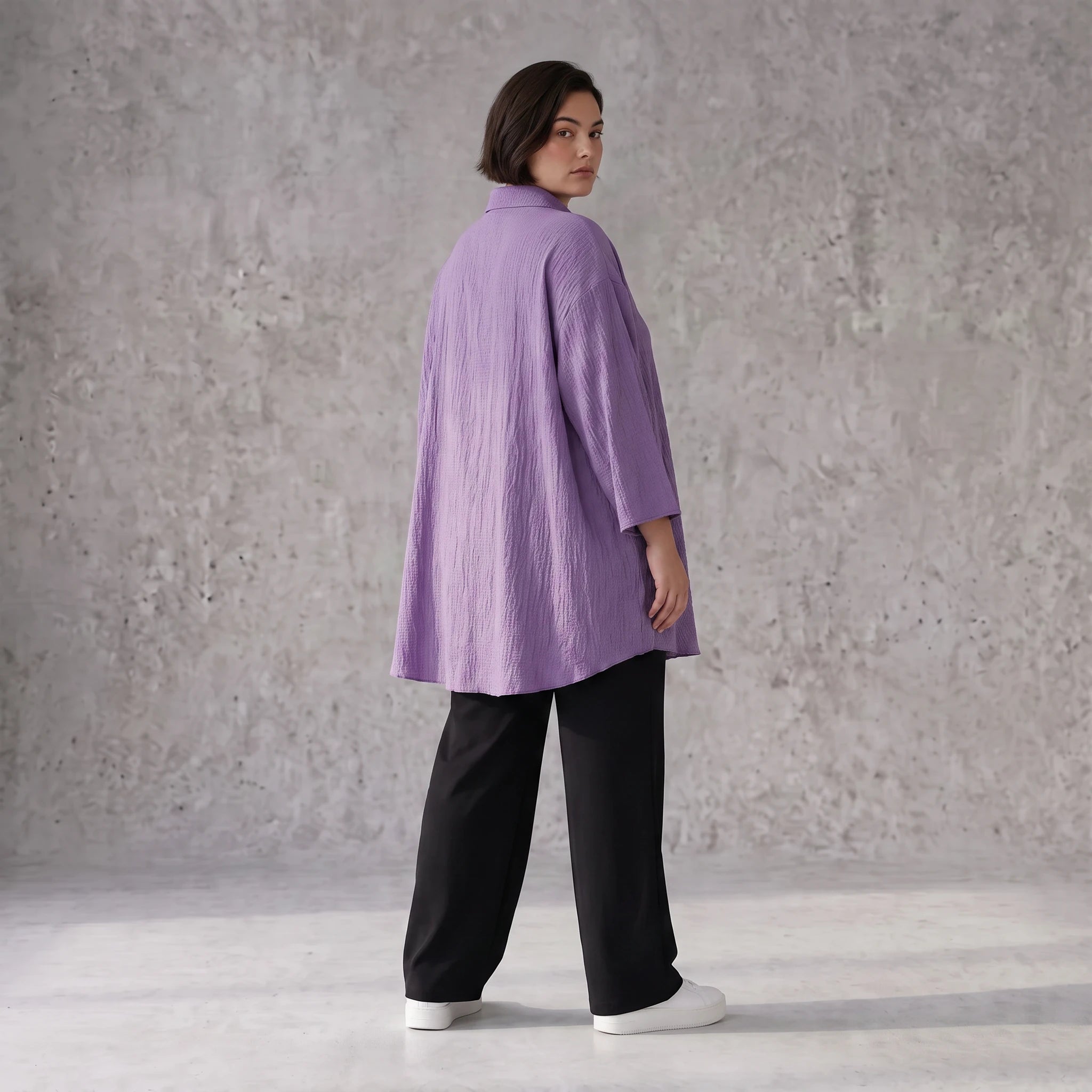 Damen Bluse Avantgarde Viskose Lila, gerundet, 3/4-Arm, Oversize große Größen – AKH Fashion