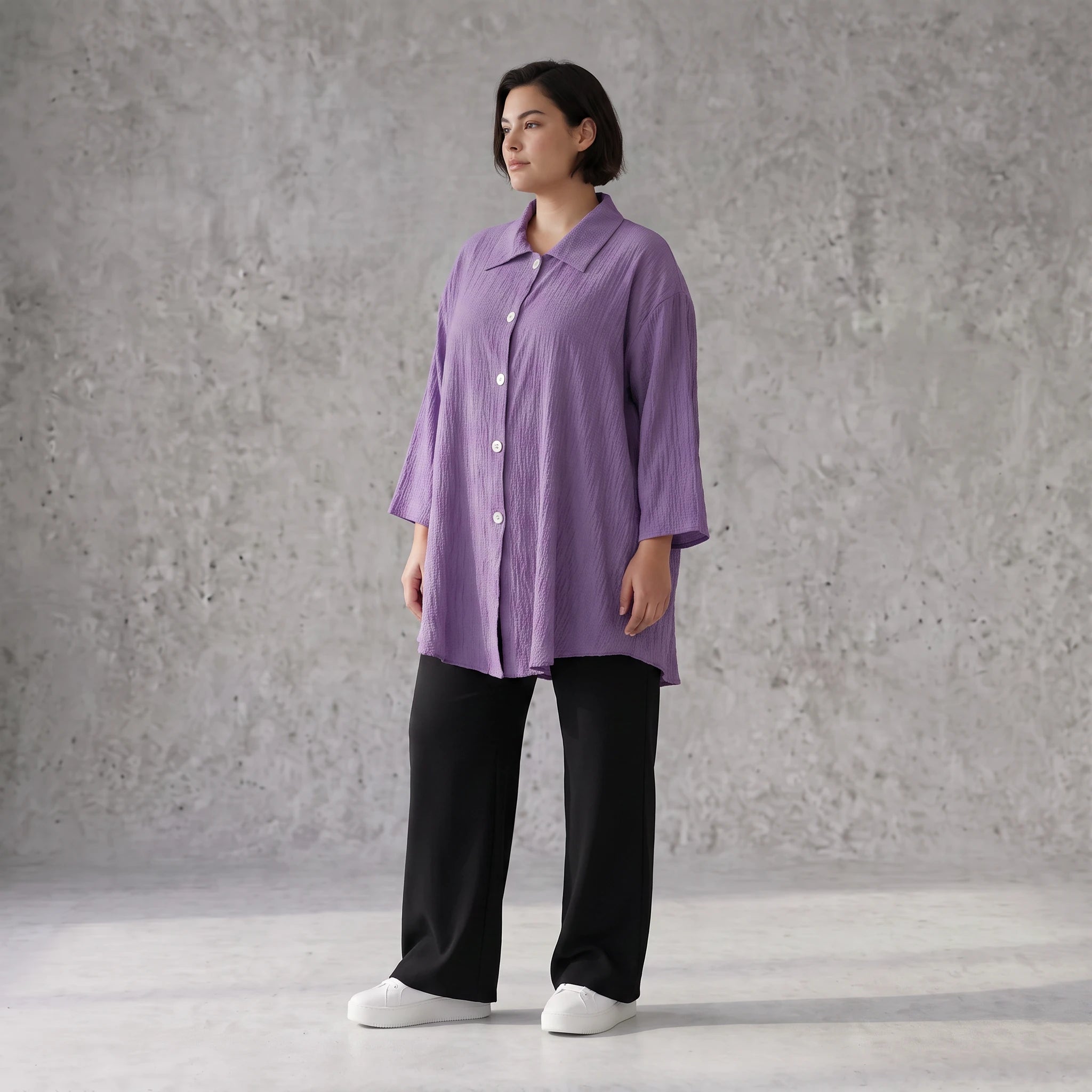 Damen Bluse Avantgarde Viskose Lila, gerundet, 3/4-Arm, Oversize große Größen – AKH Fashion