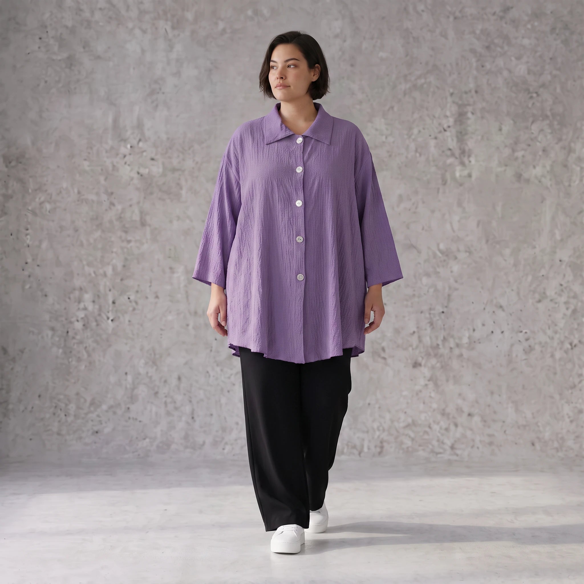 Damen Bluse Avantgarde Viskose Lila, gerundet, 3/4-Arm, Oversize große Größen – AKH Fashion