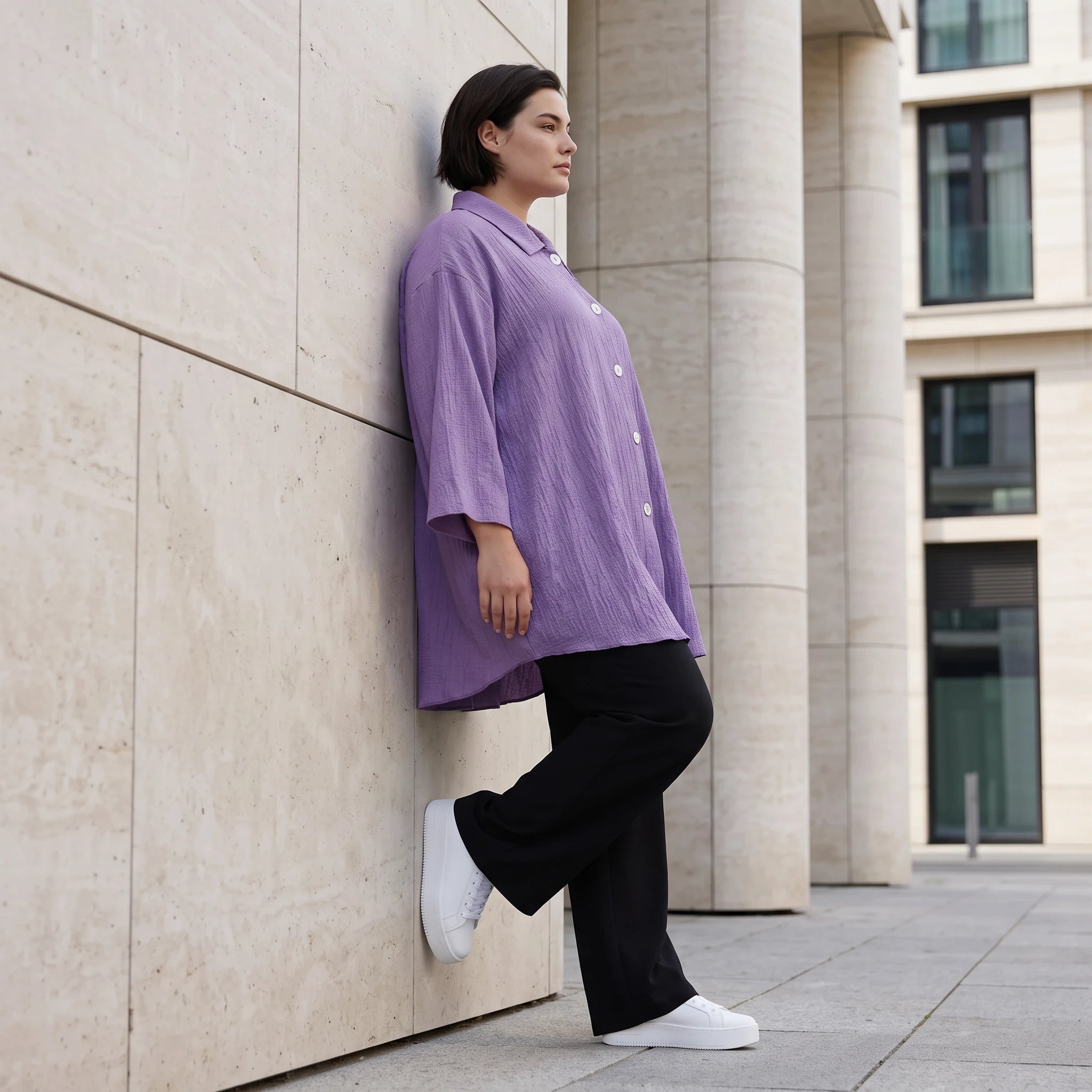 Damen Bluse Avantgarde Viskose Lila, gerundet, 3/4-Arm, Oversize große Größen – AKH Fashion