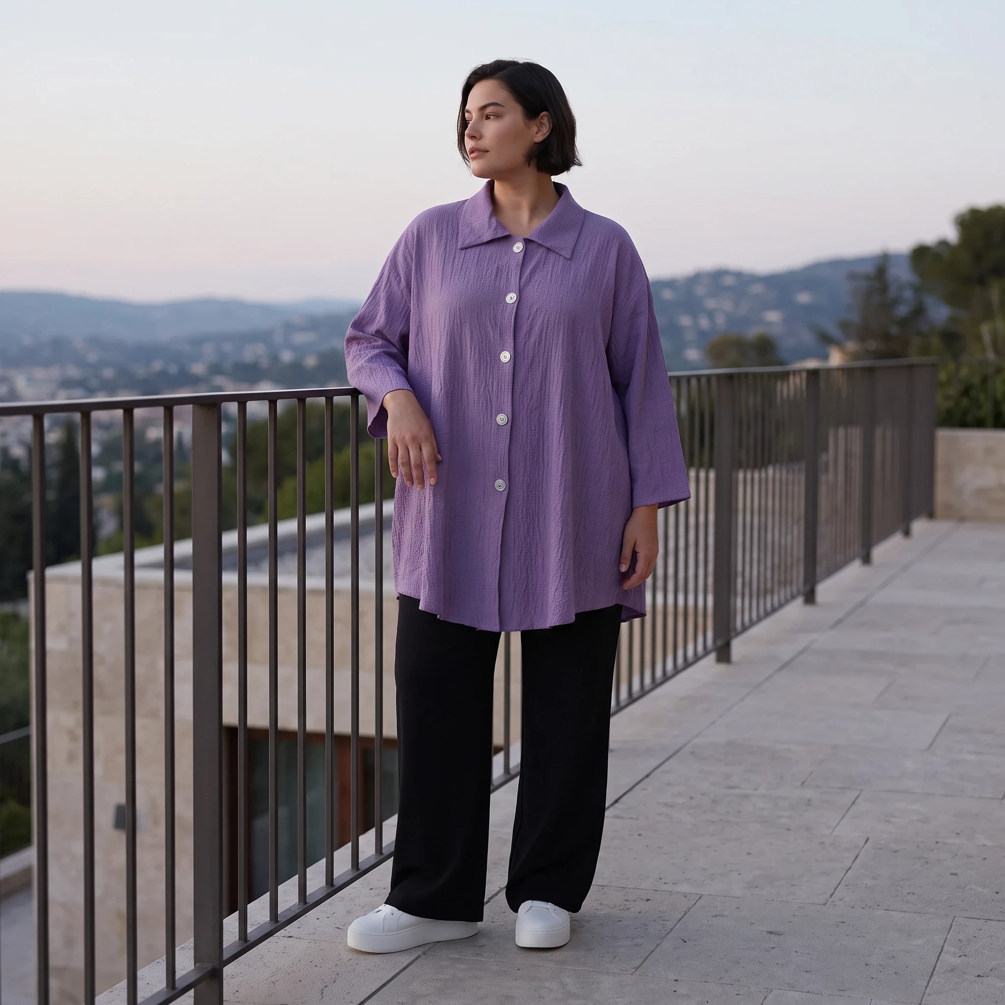 Damen Bluse Avantgarde Viskose Lila, gerundet, 3/4-Arm, Oversize große Größen – AKH Fashion