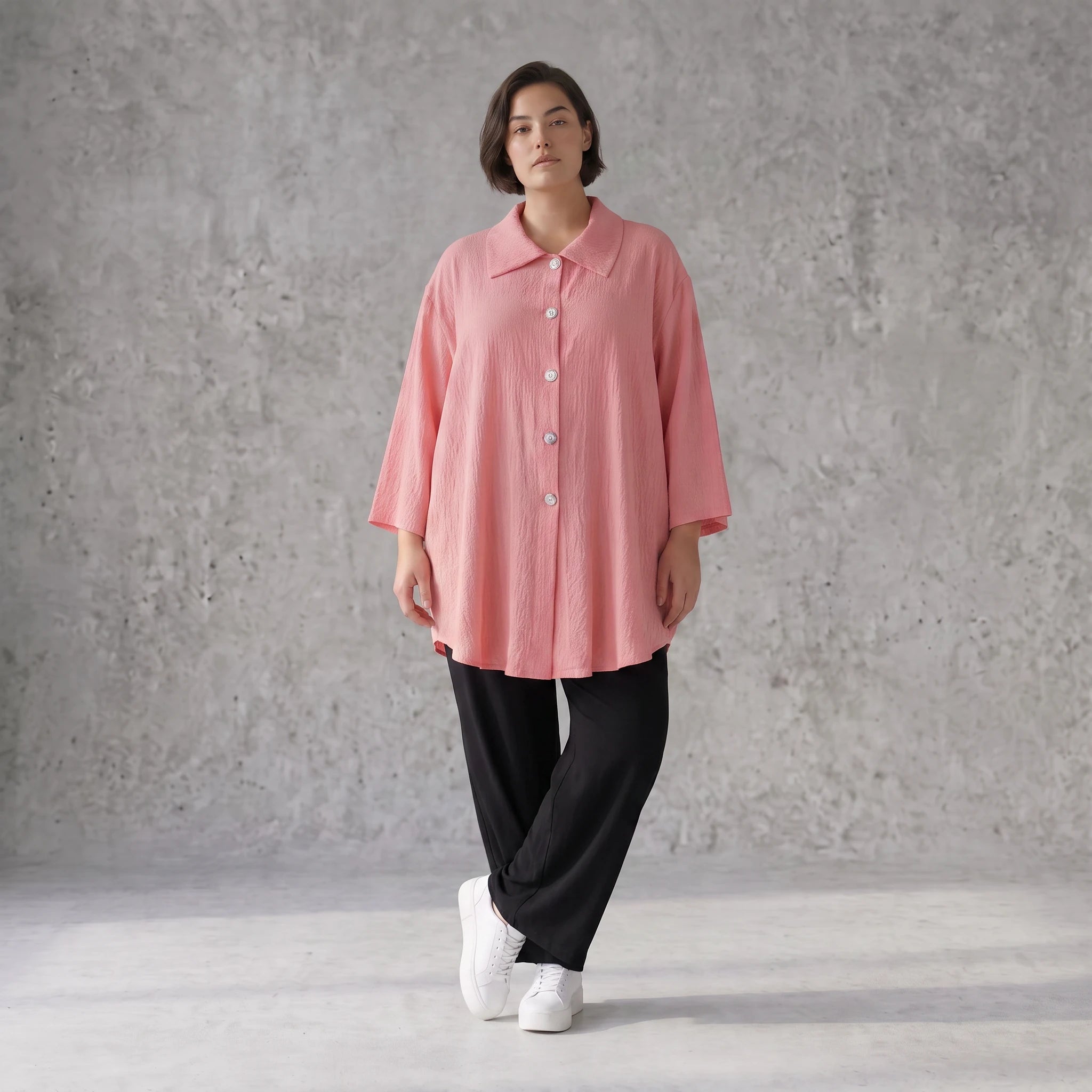 Damen Bluse Avantgarde Viskose Rosa, gerundet, 3/4-Arm, Knopfleiste, Oversize große Größen – AKH Fashion