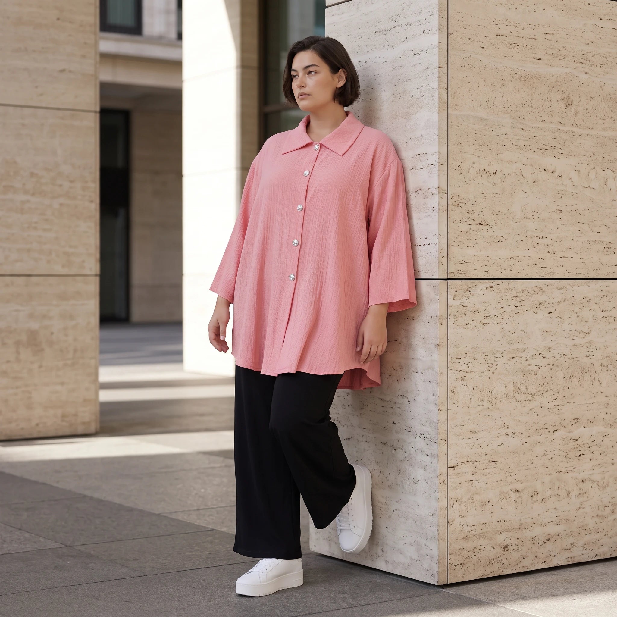 Damen Bluse Avantgarde Viskose Rosa, gerundet, 3/4-Arm, Knopfleiste, Oversize große Größen – AKH Fashion