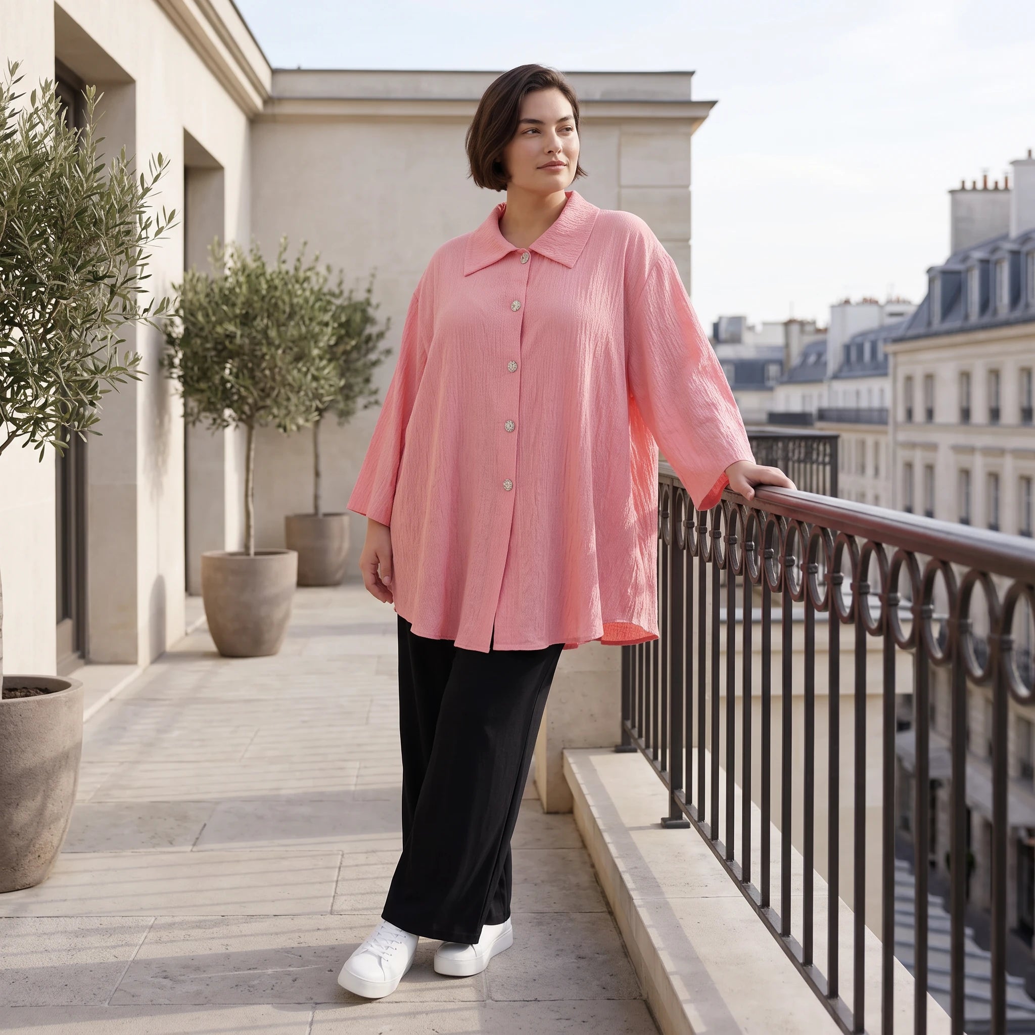 Damen Bluse Avantgarde Viskose Rosa, gerundet, 3/4-Arm, Knopfleiste, Oversize große Größen – AKH Fashion
