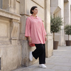 Damen Bluse Avantgarde Viskose Rosa, gerundet, 3/4-Arm, Knopfleiste, Oversize große Größen – AKH Fashion