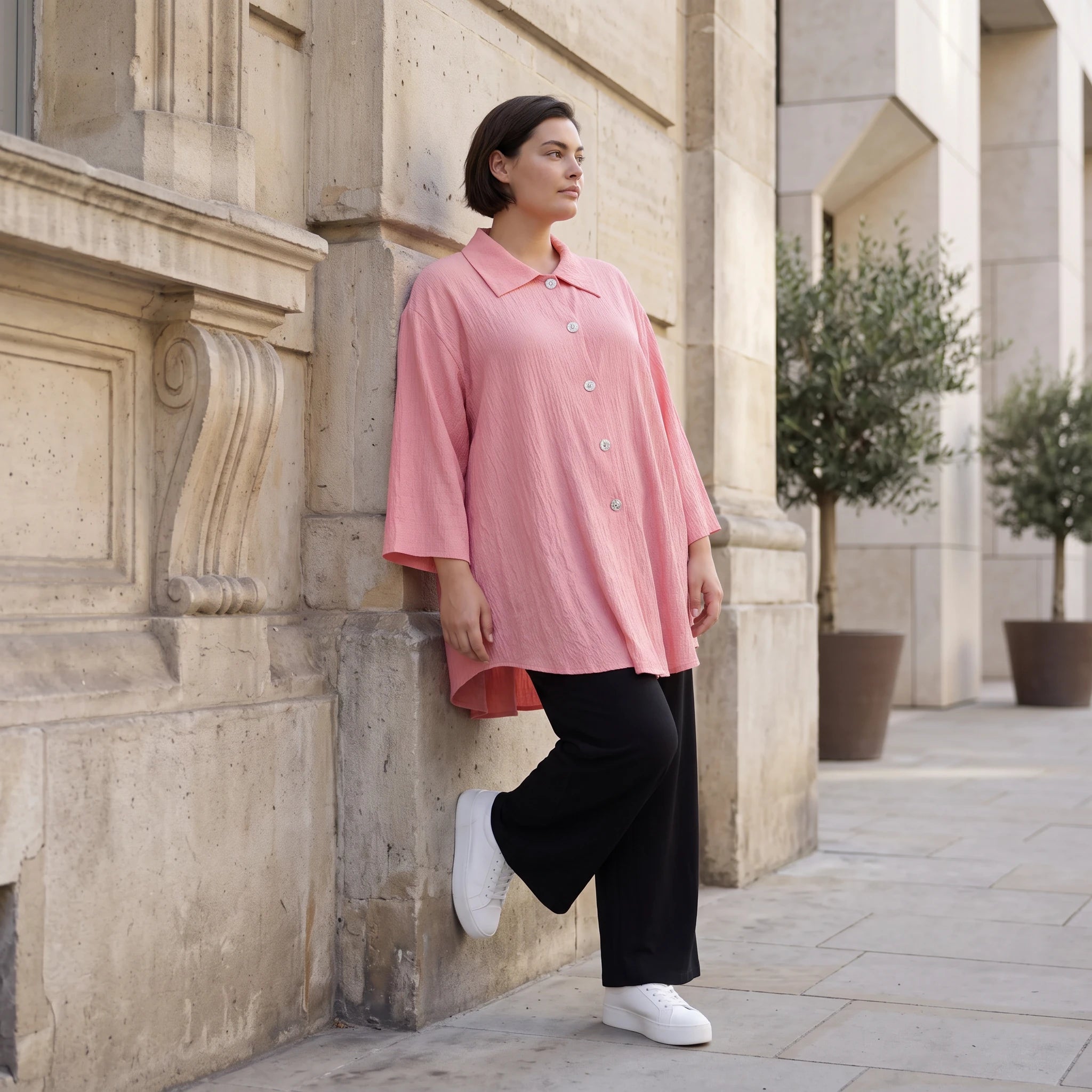 Damen Bluse Avantgarde Viskose Rosa, gerundet, 3/4-Arm, Knopfleiste, Oversize große Größen – AKH Fashion
