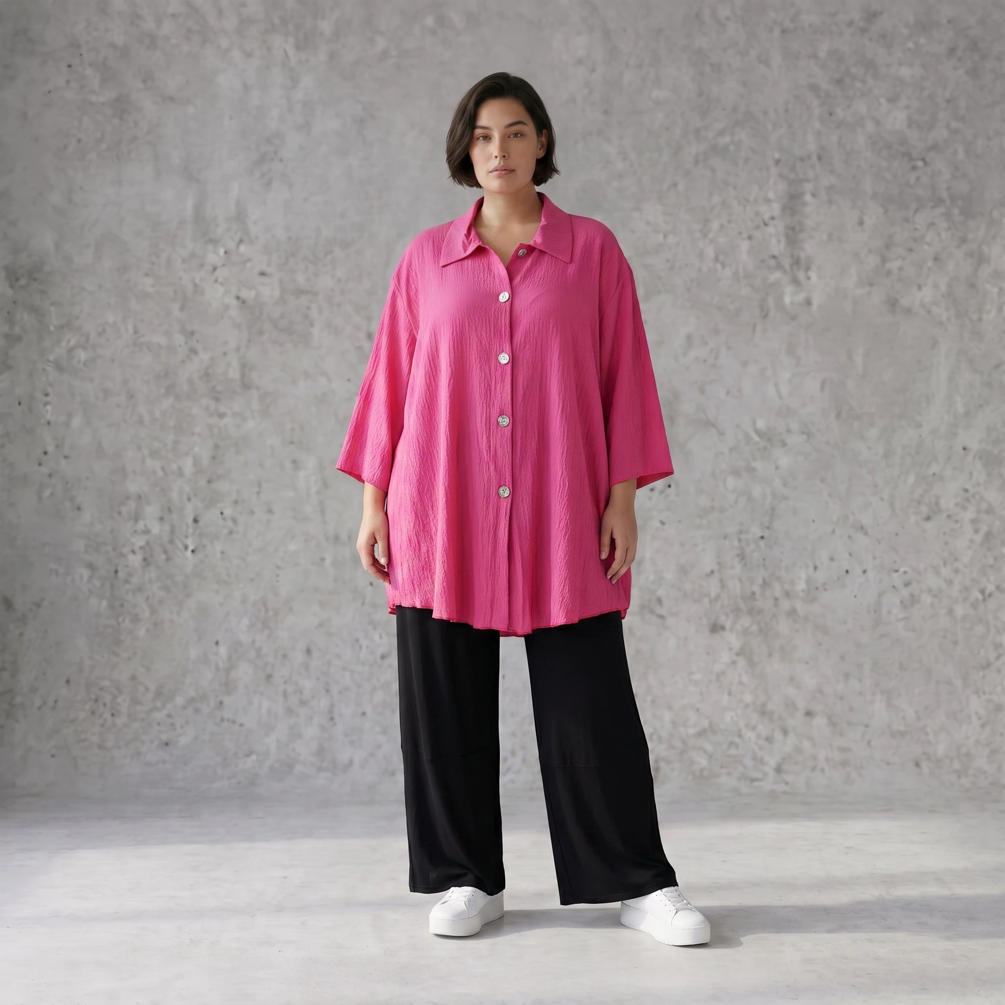 Damen Bluse Avantgarde Viskose Fuchsia, gerundet, Knopfleiste, Oversize große Größen – AKH Fashion