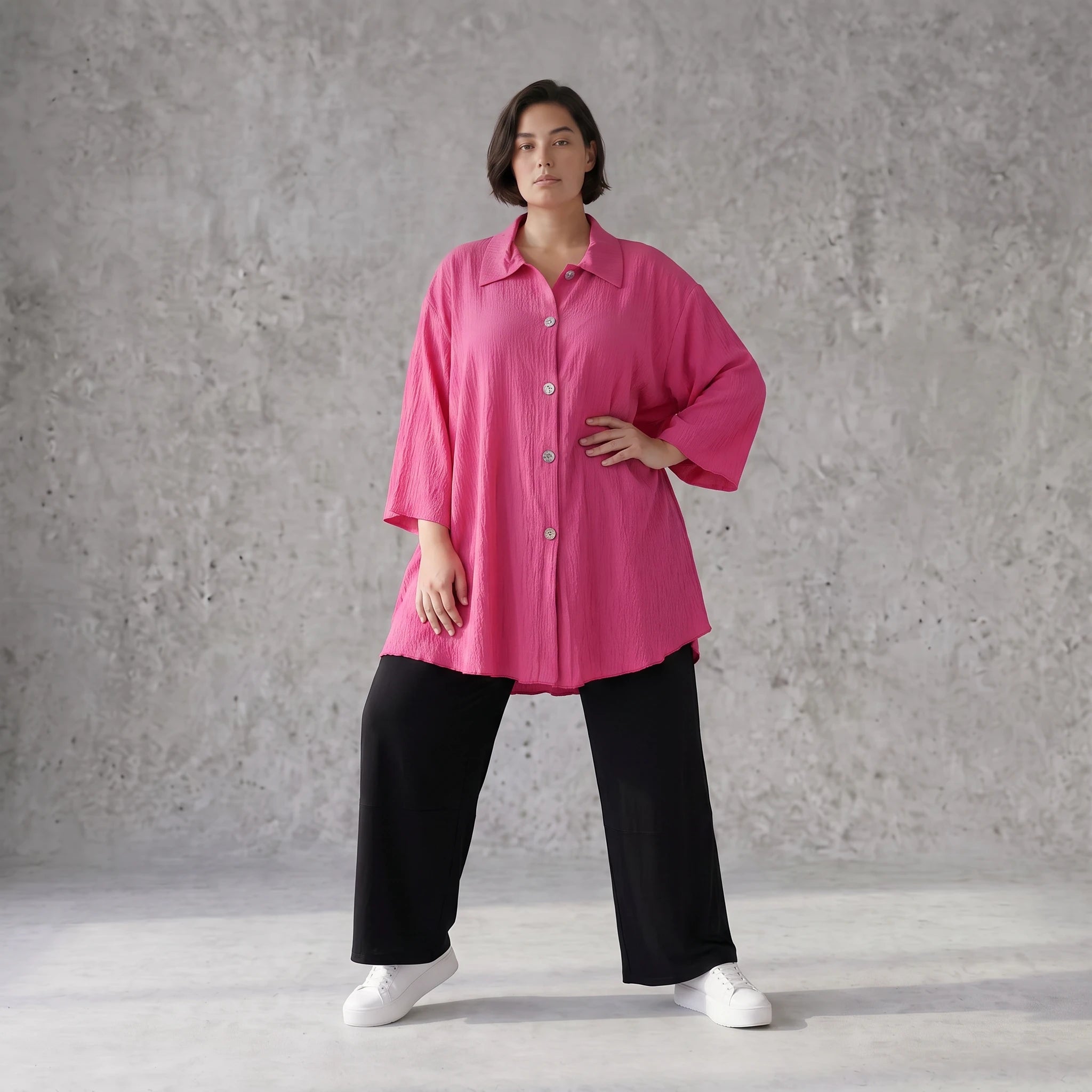 Damen Bluse Avantgarde Viskose Fuchsia, gerundet, Knopfleiste, Oversize große Größen – AKH Fashion