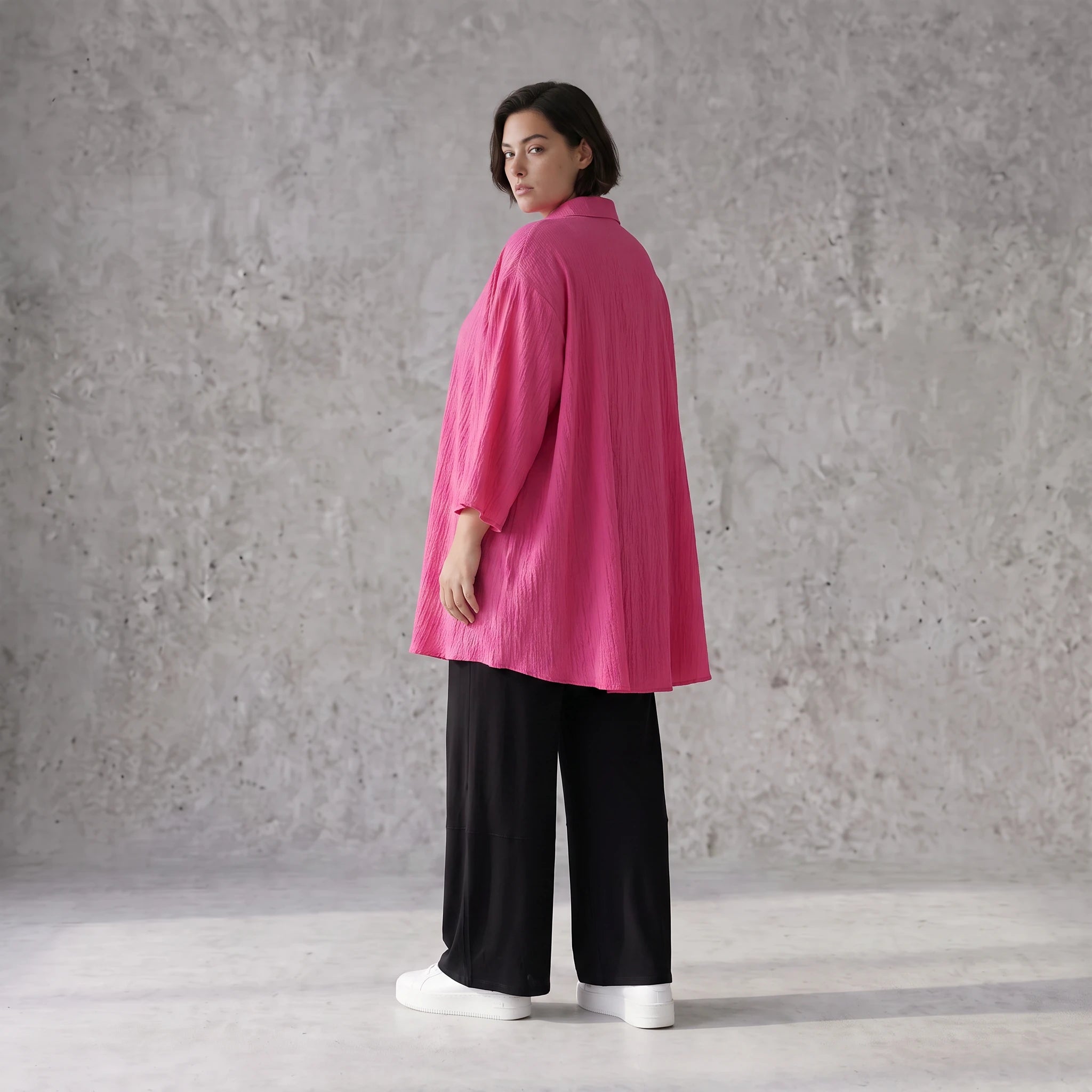 Damen Bluse Avantgarde Viskose Fuchsia, gerundet, Knopfleiste, Oversize große Größen – AKH Fashion