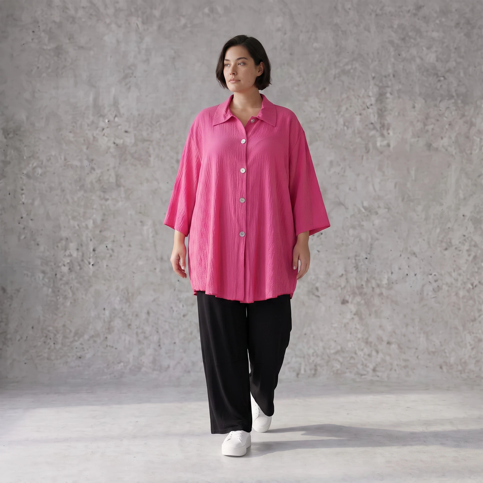 Damen Bluse Avantgarde Viskose Fuchsia, gerundet, Knopfleiste, Oversize große Größen – AKH Fashion