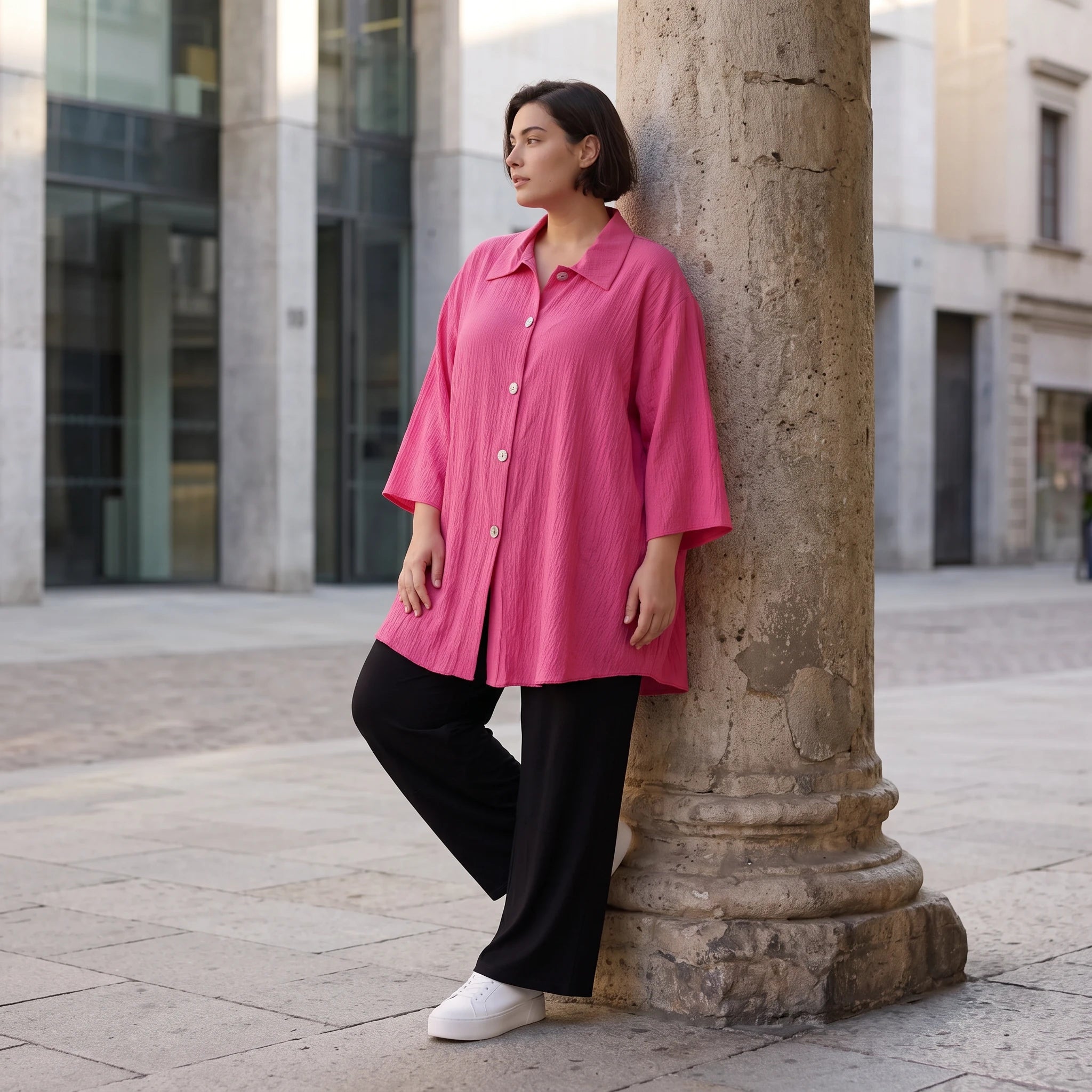 Damen Bluse Avantgarde Viskose Fuchsia, gerundet, Knopfleiste, Oversize große Größen – AKH Fashion