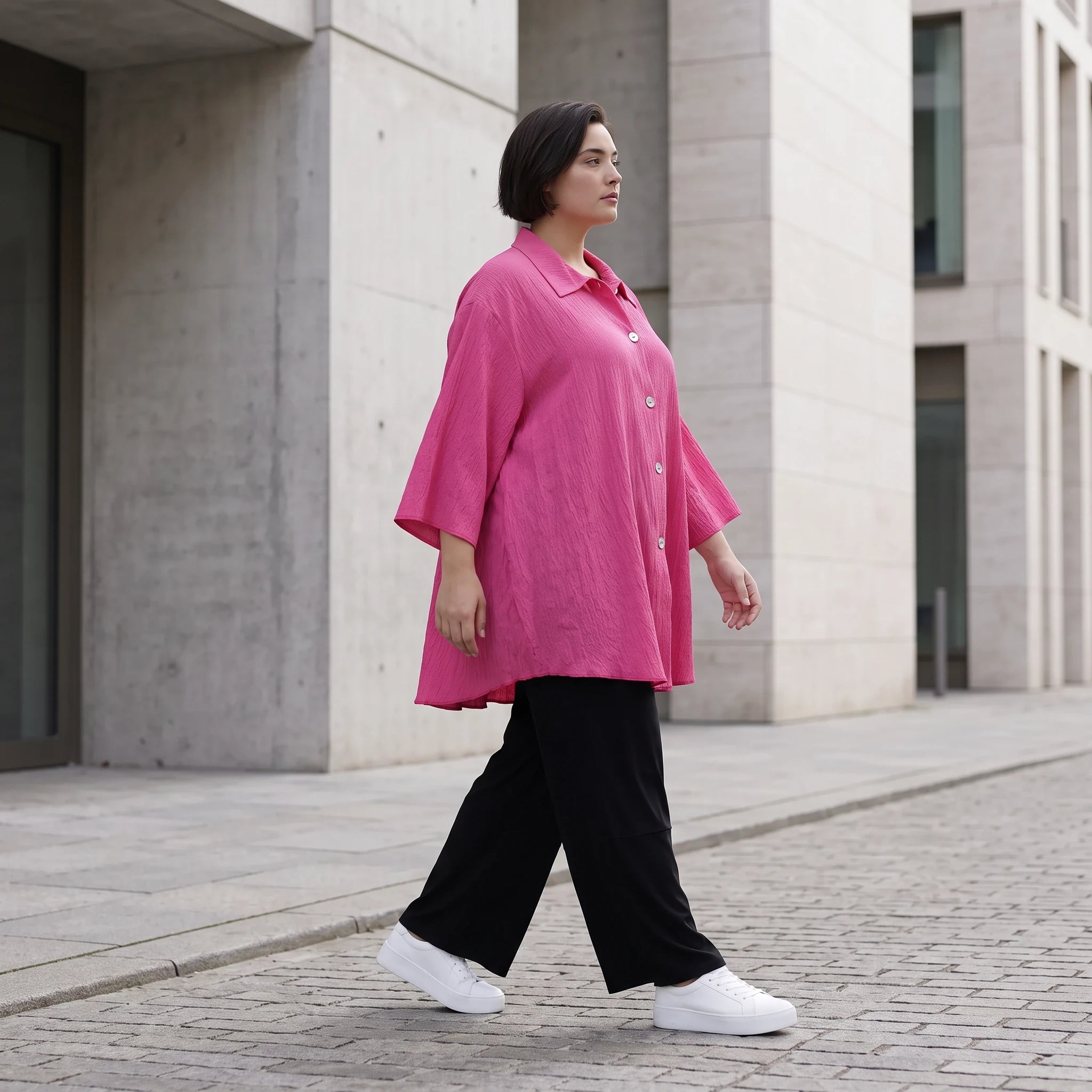 Damen Bluse Avantgarde Viskose Fuchsia, gerundet, Knopfleiste, Oversize große Größen – AKH Fashion