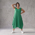 Damen Kleid Avantgarde Viskose Grün, Ballonschnitt, ärmellos, Flügeltaschen, Oversize große Größen – AKH Fashion
