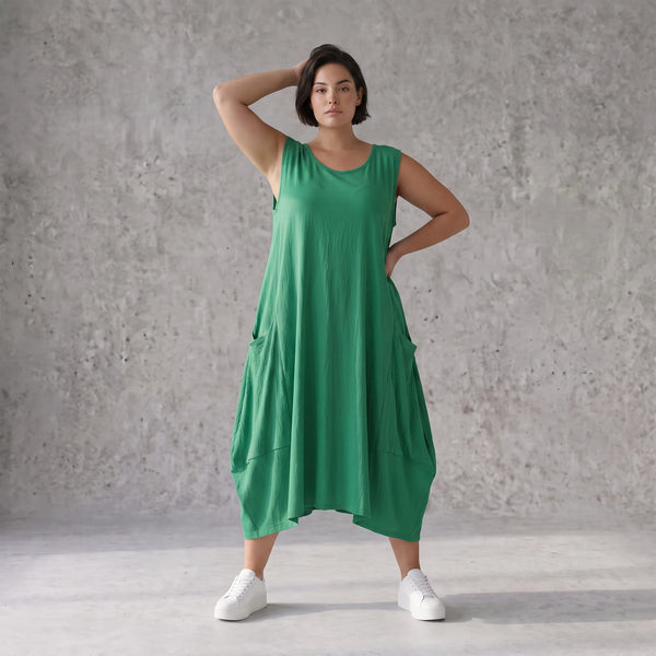Damen Kleid Avantgarde Viskose Grün, Ballonschnitt, ärmellos, Flügeltaschen, Oversize große Größen – AKH Fashion
