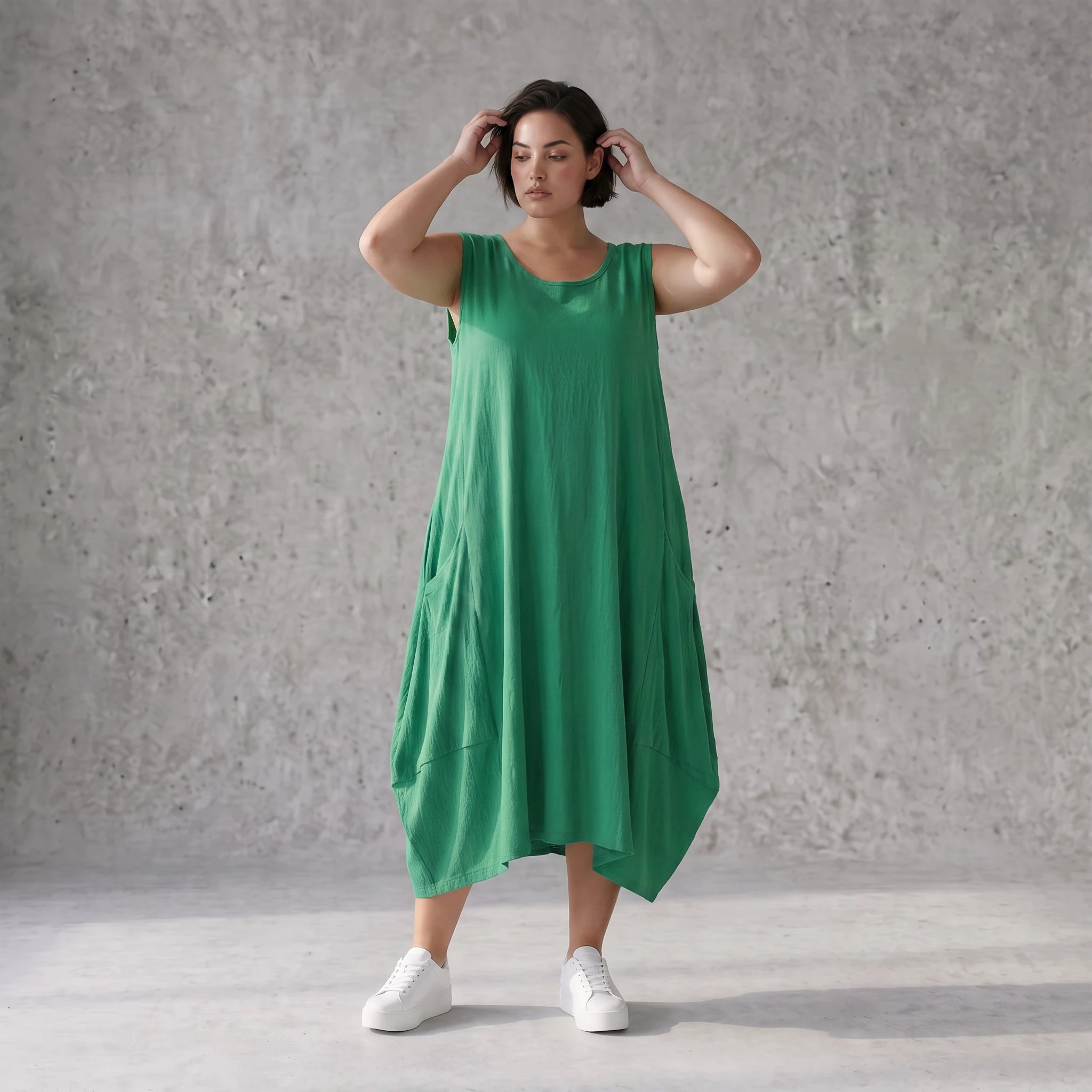 Damen Kleid Avantgarde Viskose Grün, Ballonschnitt, ärmellos, Flügeltaschen, Oversize große Größen – AKH Fashion