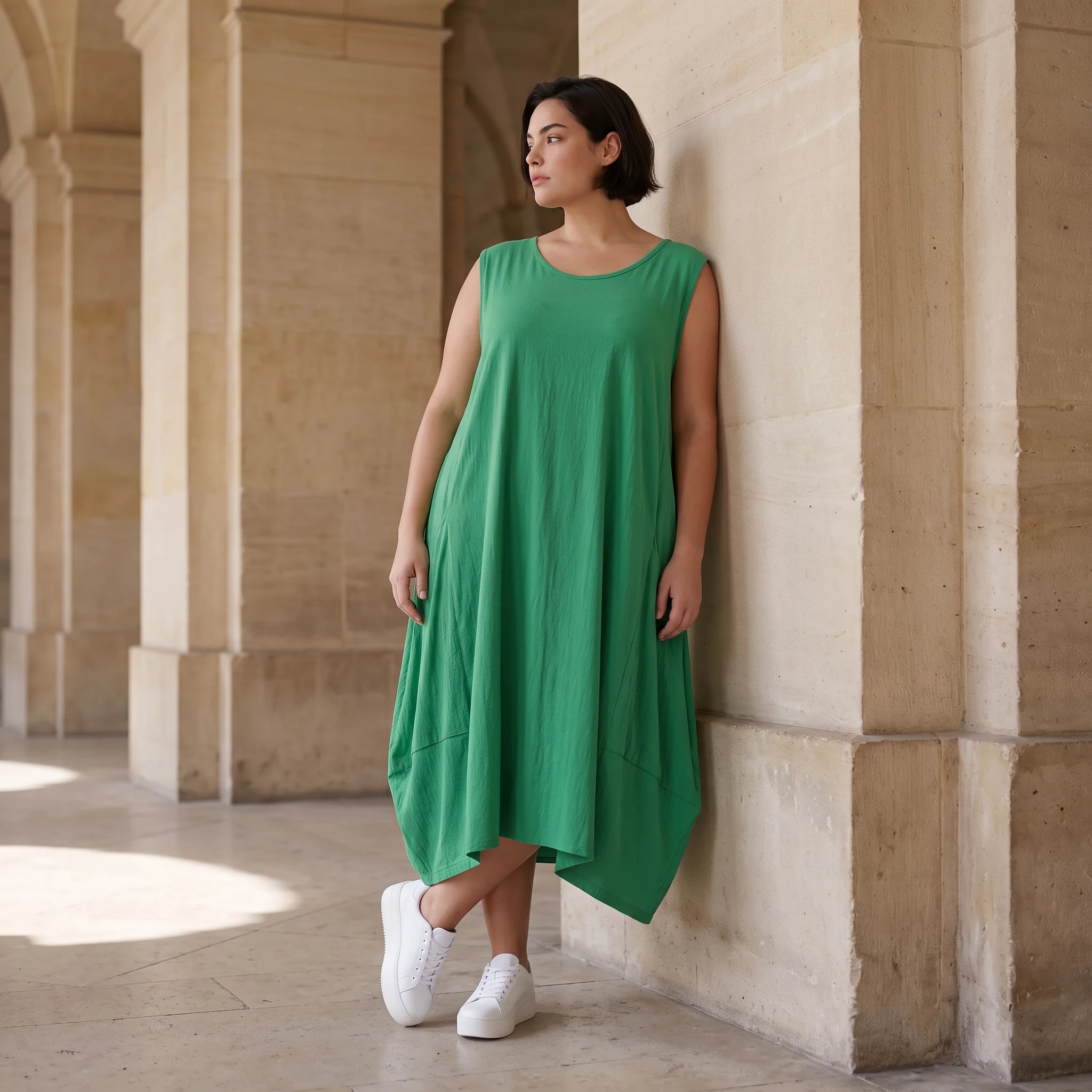 Damen Kleid Avantgarde Viskose Grün, Ballonschnitt, ärmellos, Flügeltaschen, Oversize große Größen – AKH Fashion