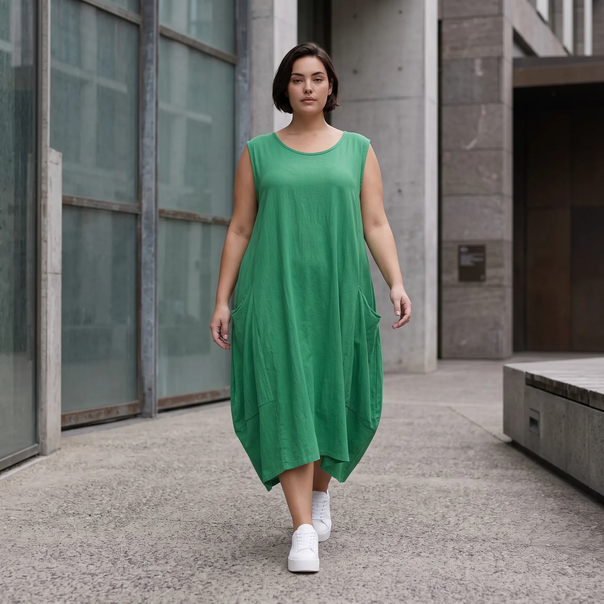 Damen Kleid Avantgarde Viskose Grün, Ballonschnitt, ärmellos, Flügeltaschen, Oversize große Größen – AKH Fashion