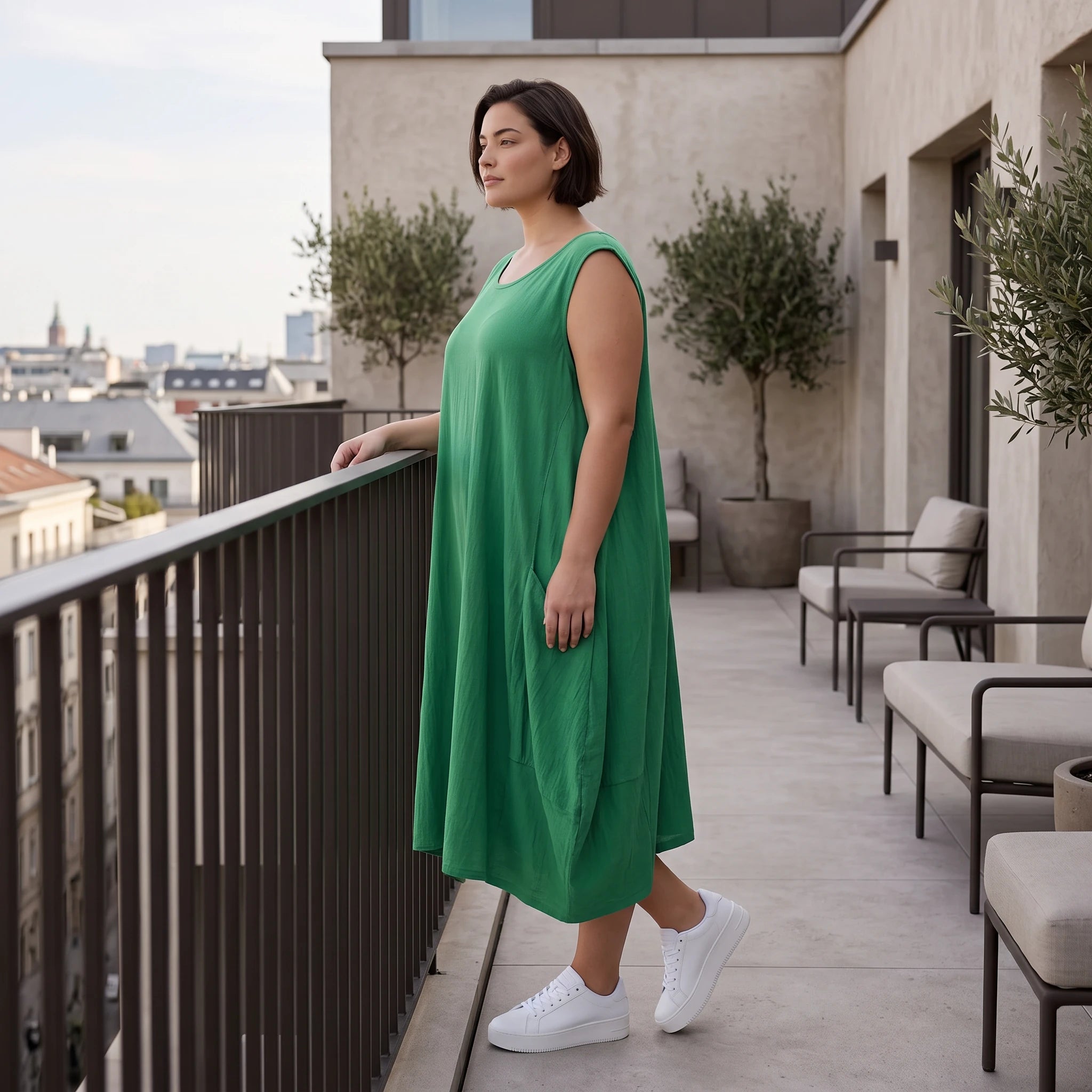 Damen Kleid Avantgarde Viskose Grün, Ballonschnitt, ärmellos, Flügeltaschen, Oversize große Größen – AKH Fashion