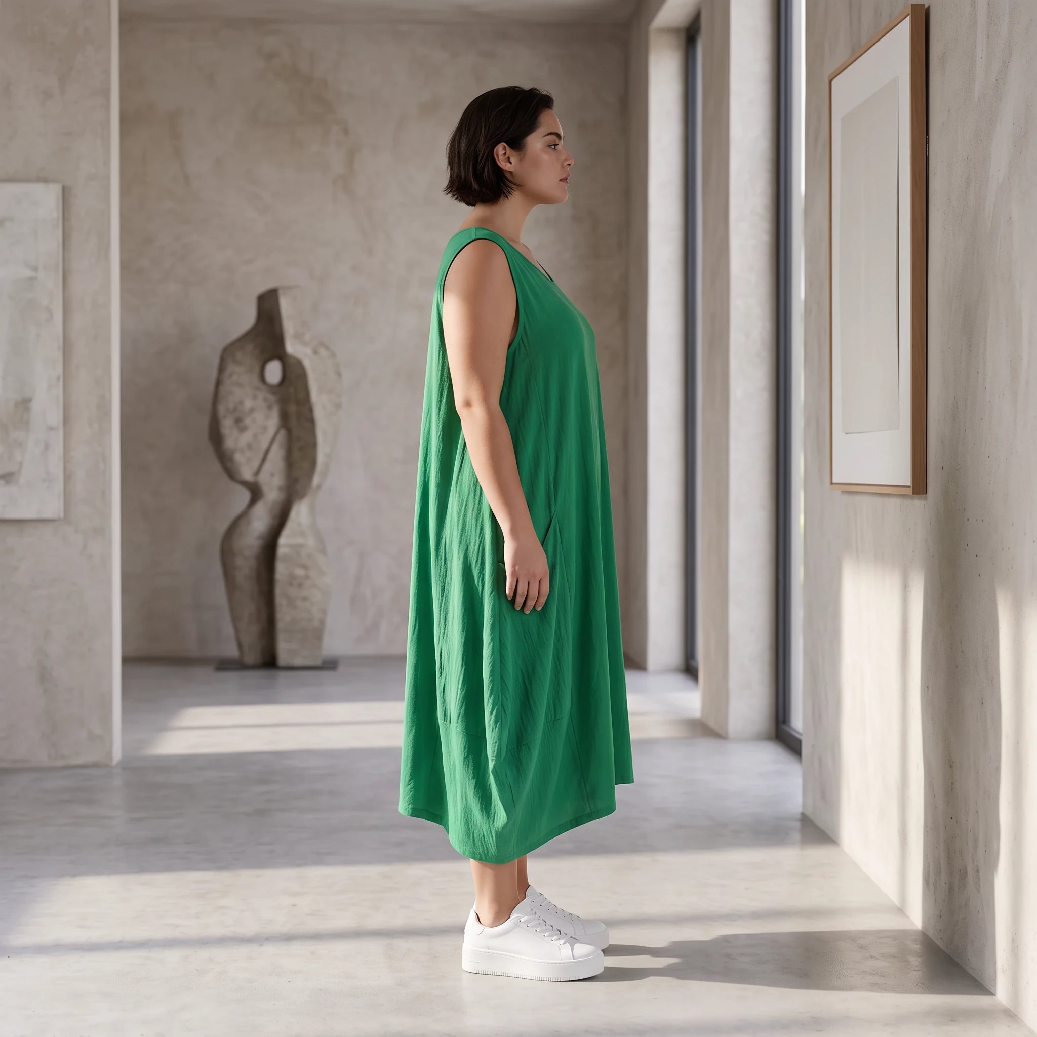 Damen Kleid Avantgarde Viskose Grün, Ballonschnitt, ärmellos, Flügeltaschen, Oversize große Größen – AKH Fashion
